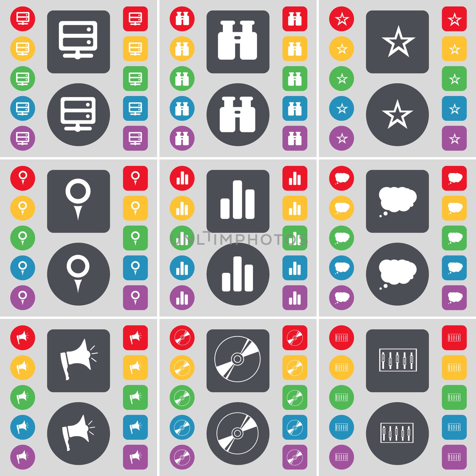 Server, Binoculars, Star, Checkpoint, Diagram, Chat cloud, Megaphone, Disk, Equalizer icon symbol. A large set of flat, colored buttons for your design. illustration
