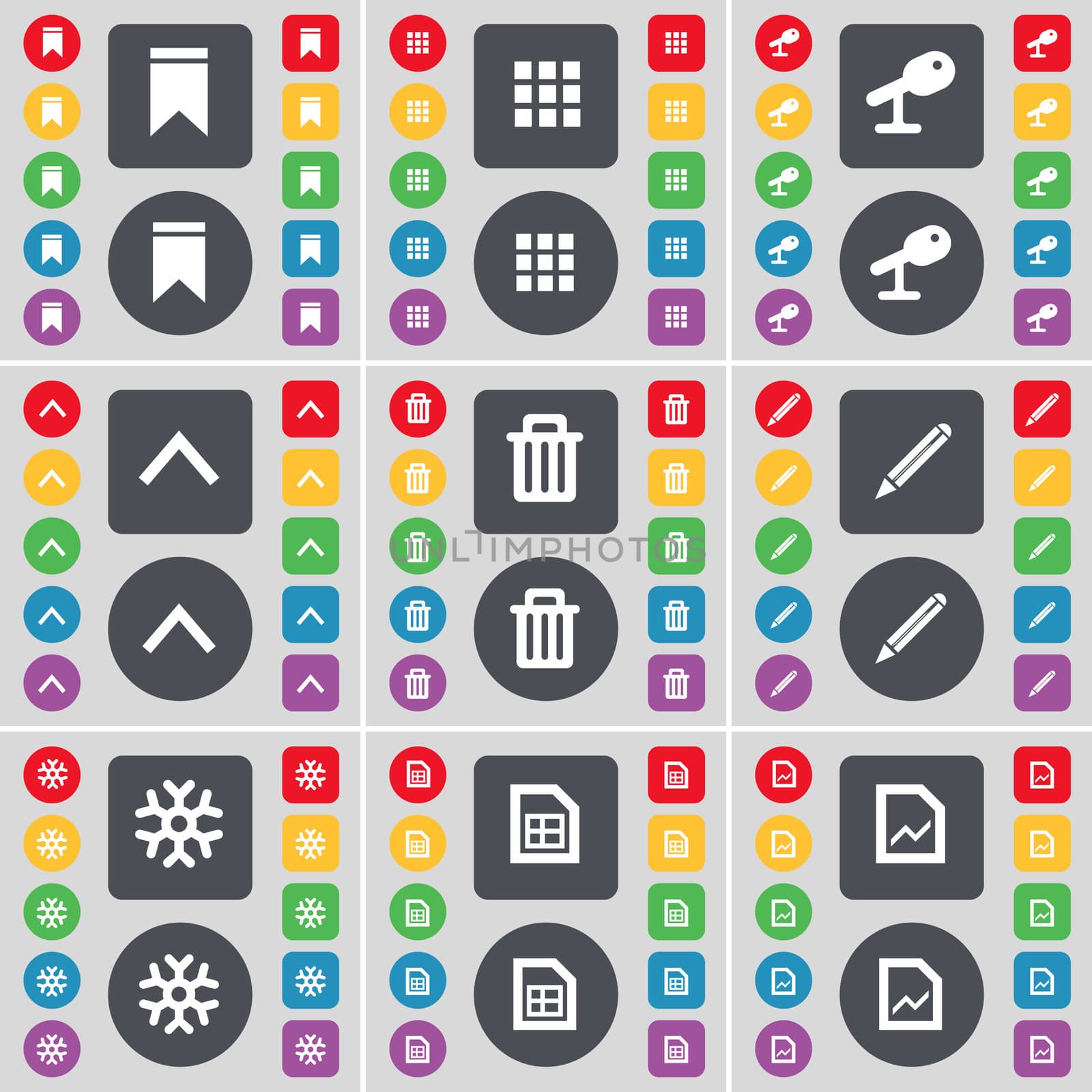 Marker, Apps, Microphone, Arrow up, Trash can, Pencil, Snowflake, Graph file icon symbol. A large set of flat, colored buttons for your design. illustration