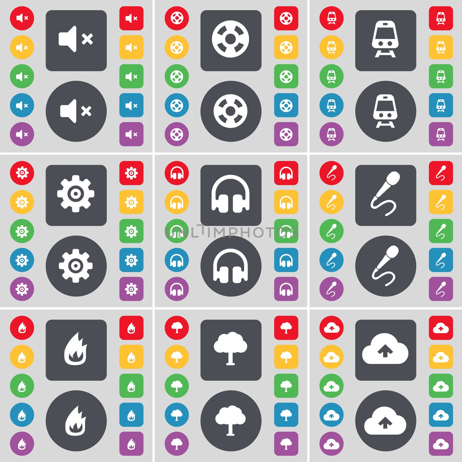 Mute, Videotape, Train, Gear, Headphones, Microphone, Fire, Tree, Cloud icon symbol. A large set of flat, colored buttons for your design.  by serhii_lohvyniuk