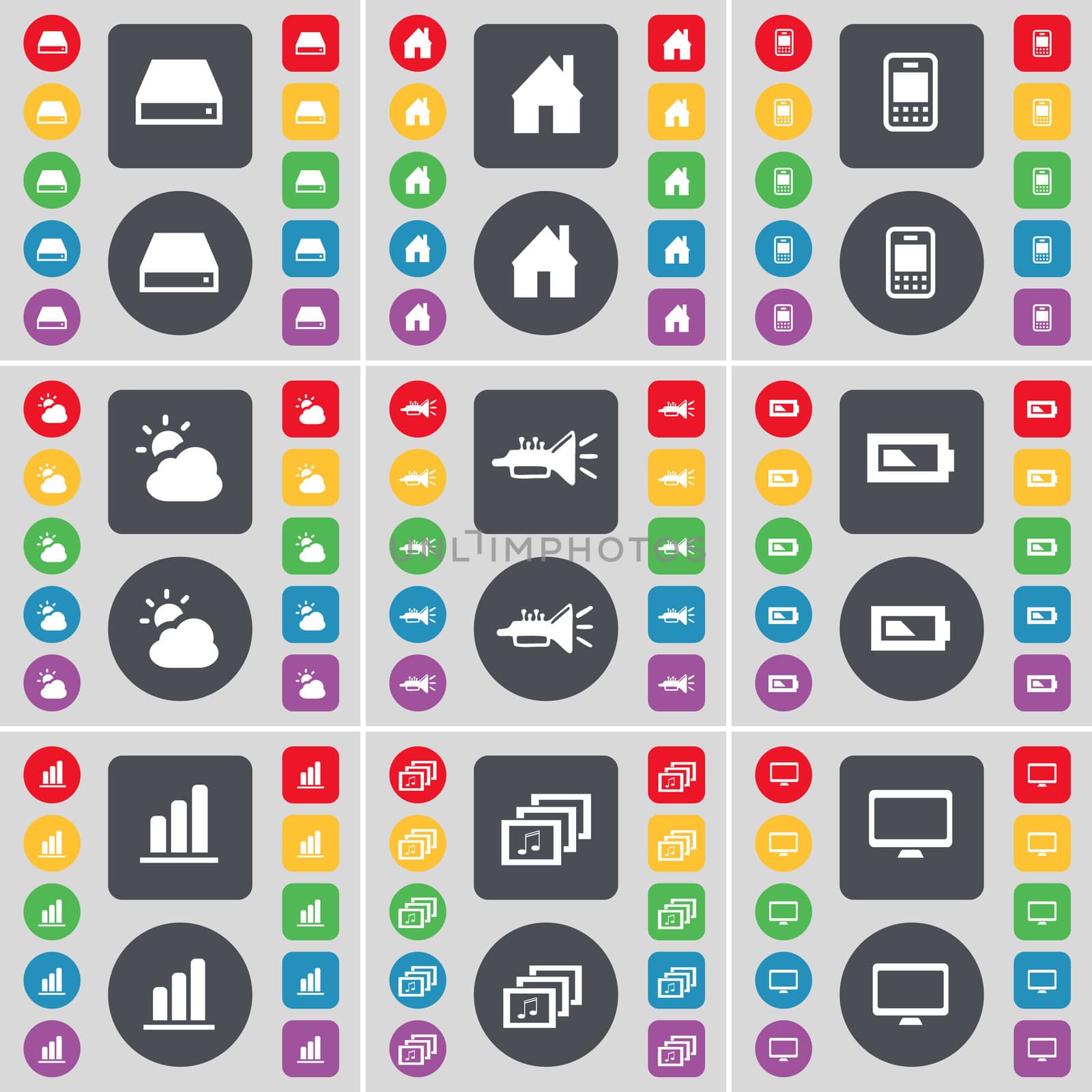 Hard drive, House, Mobile phone, Cloud, Trumped, Battery, Diagram, Gallery, Monitor icon symbol. A large set of flat, colored buttons for your design. illustration