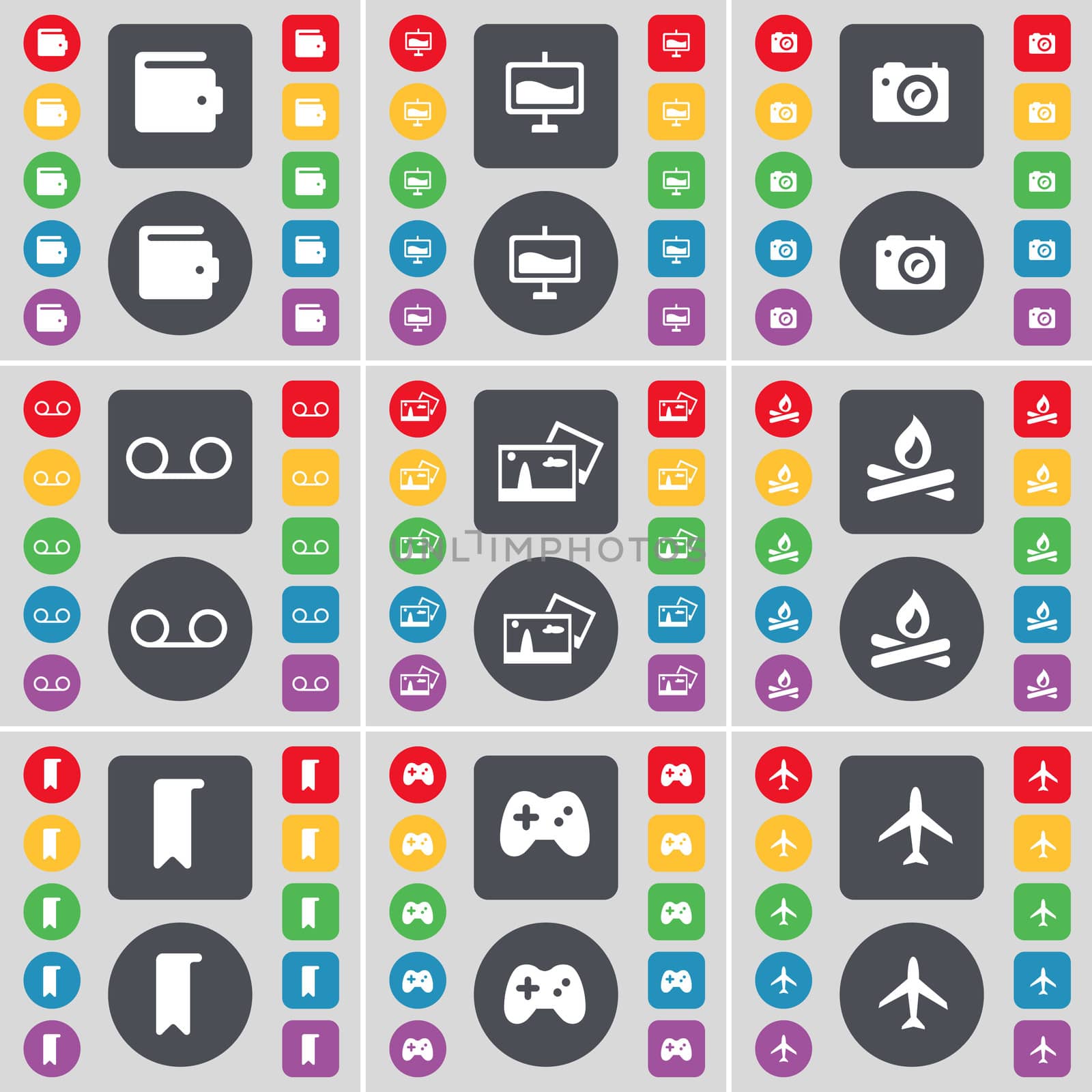 Wallet, Graph, Camera, Cassette, Picture, Campfire, Marker, Gamepad, Airplane icon symbol. A large set of flat, colored buttons for your design. illustration
