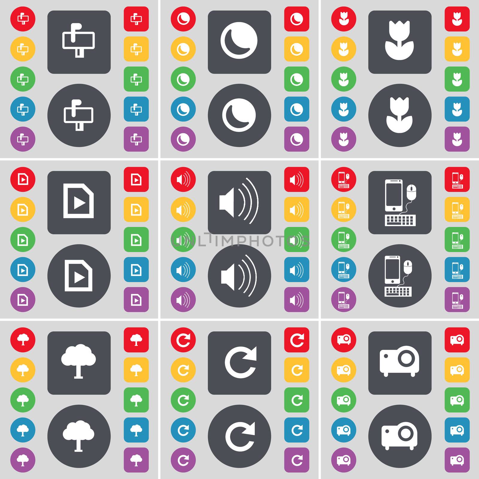 Mailbox, Moon, Flower, Media file, Sound, Smartphone, Tree, Reload, Projector icon symbol. A large set of flat, colored buttons for your design. illustration