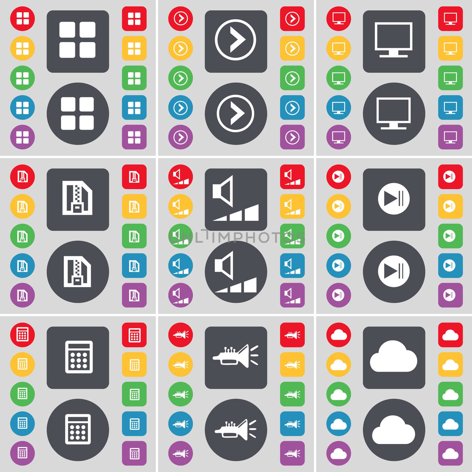 Apps, Arrow right, Monitor, ZIP file, Volume, Media skip, Calendar, Trumped, Cloud icon symbol. A large set of flat, colored buttons for your design.  by serhii_lohvyniuk