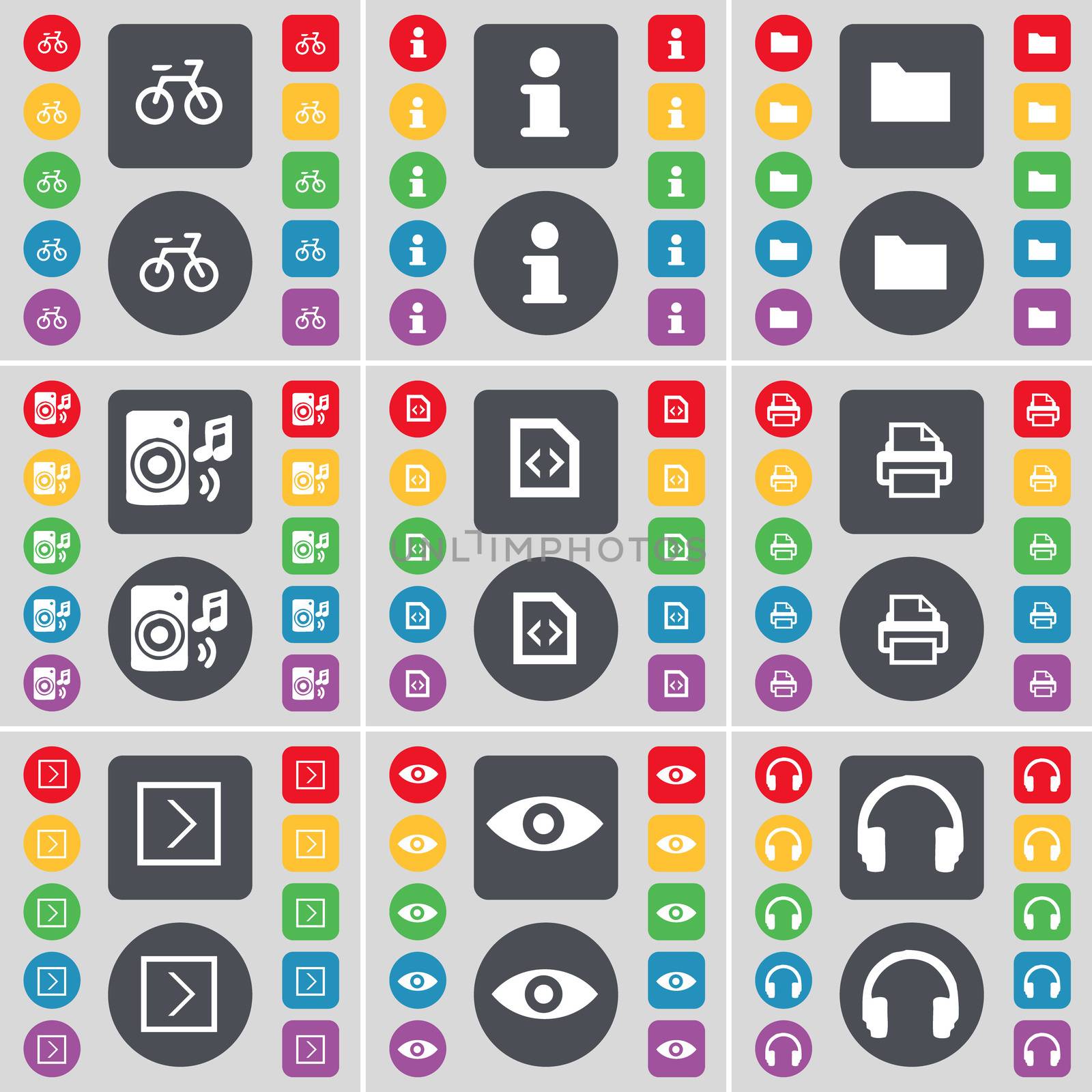 Bicycle, Information, Folder, Speaker, File, Printer, Arrowr right, Vision, Headphones icon symbol. A large set of flat, colored buttons for your design.  by serhii_lohvyniuk
