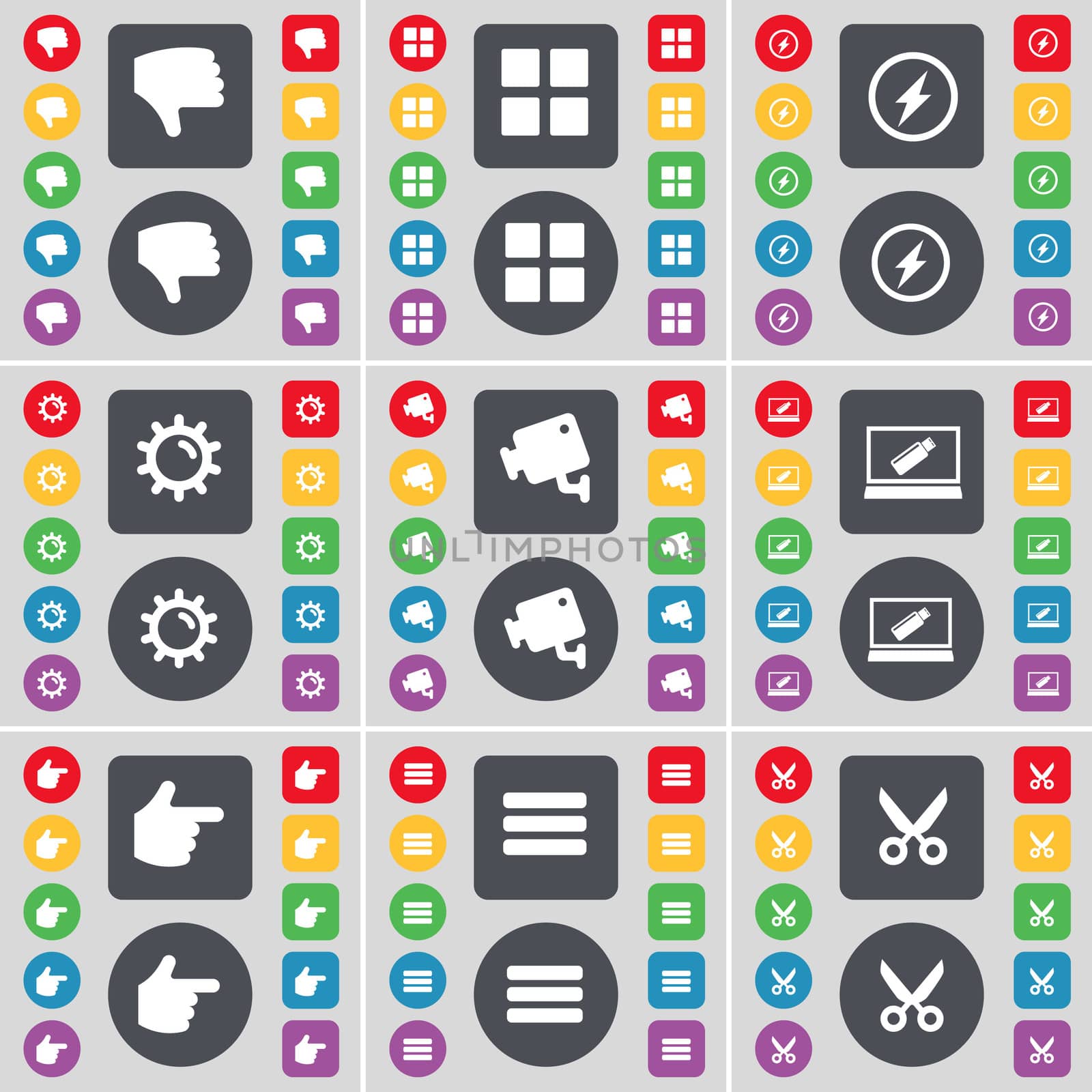 Dislike, Apps, Flash, Gear, CCTV, Laptop, Hand, Apps, Scissors icon symbol. A large set of flat, colored buttons for your design.  by serhii_lohvyniuk