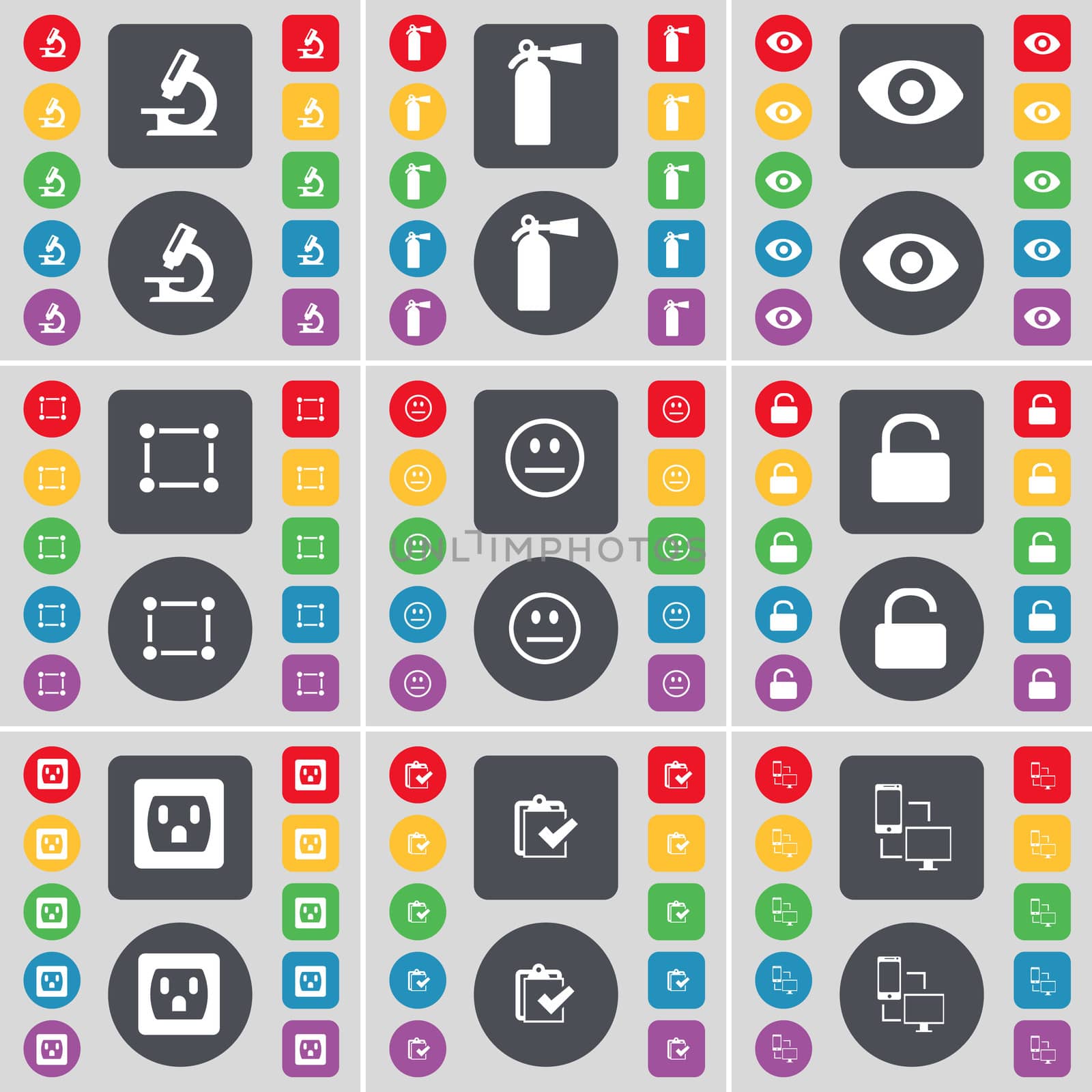 Microscope, Fire extinguisher, Viision, Frame, Smile, Lock, Socket, Survey, Connection icon symbol. A large set of flat, colored buttons for your design. illustration