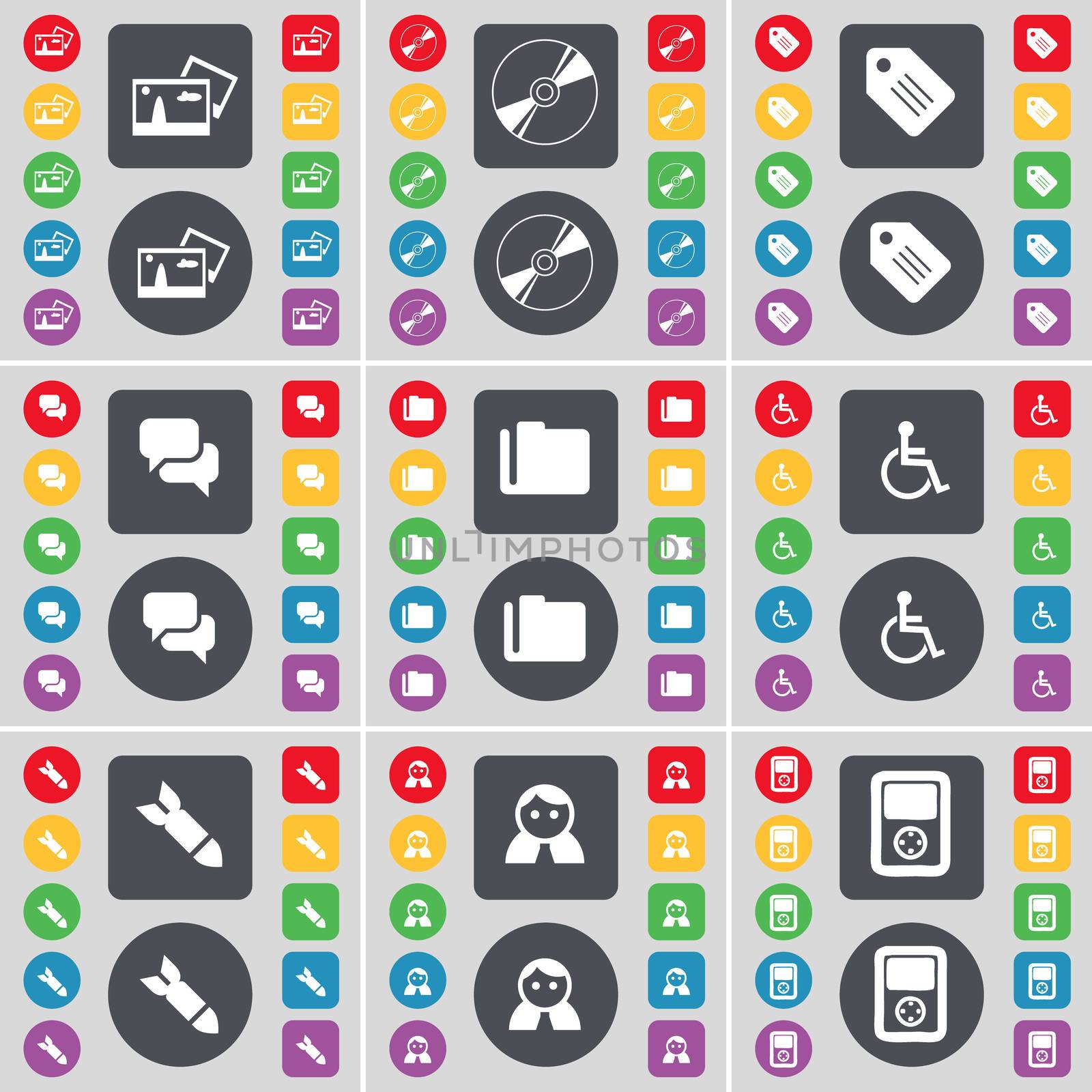 Picture, Disk, Tag, Chat, Folder, Disabled, Rocket, Avatar, Player icon symbol. A large set of flat, colored buttons for your design.  by serhii_lohvyniuk