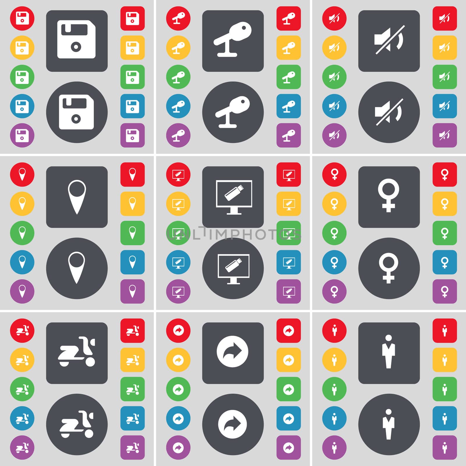 Floppy, Microscope, Mute, Checkpoint, Monitor, Venus symbol, Scooter, Back, Silhouette icon symbol. A large set of flat, colored buttons for your design. illustration
