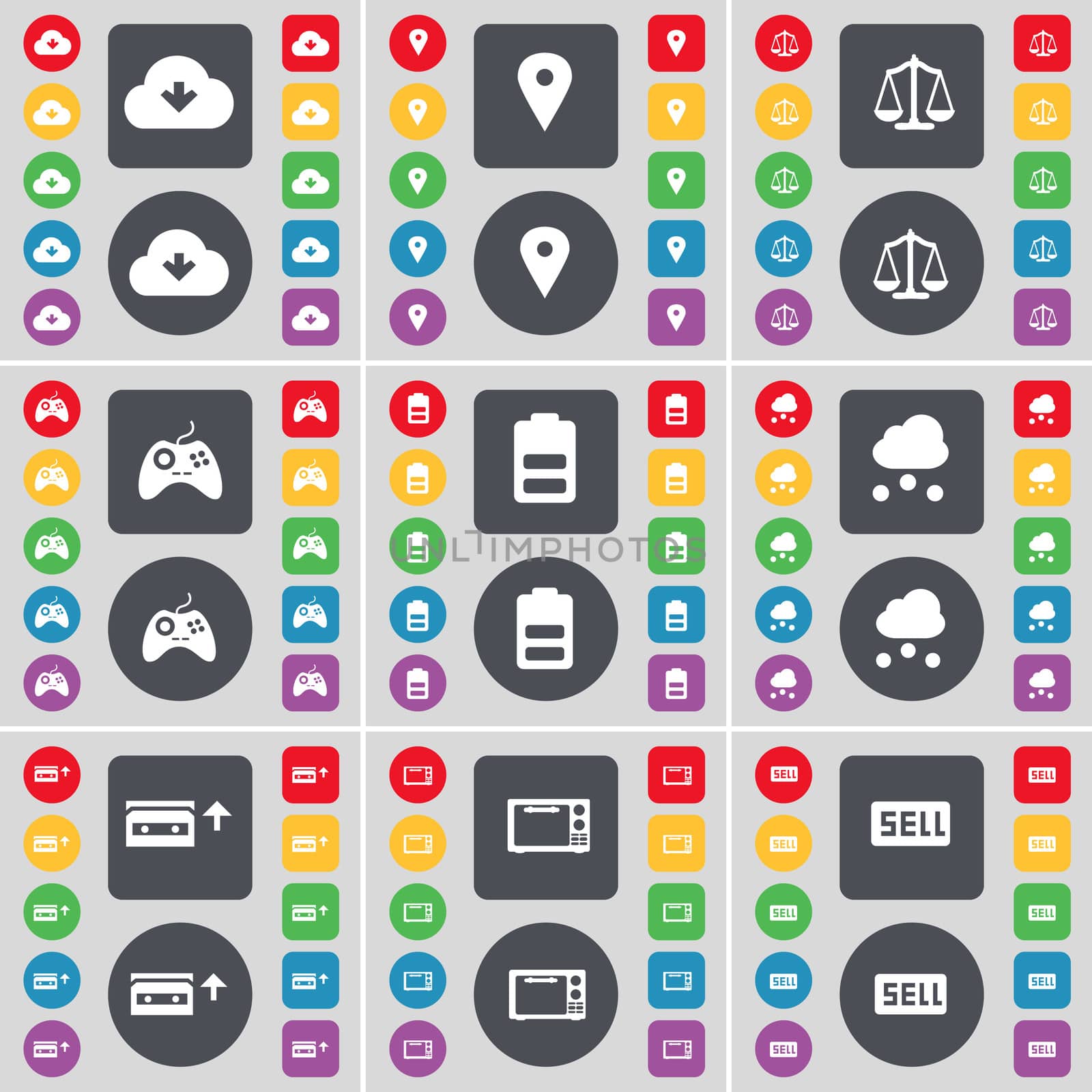 Cloud, Checkpoint, Scales, Gamepad, Battery, Cloud, Cassette, Microwave, Sell icon symbol. A large set of flat, colored buttons for your design. illustration