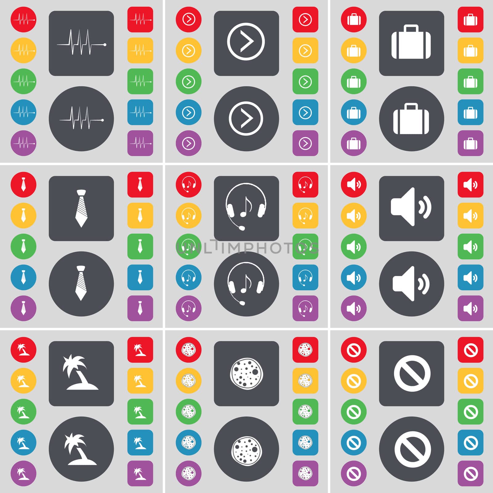 Pulse, Arrow right, Suitcase, Tie, Headphones, Sound, Palm, Pizza, Stop icon symbol. A large set of flat, colored buttons for your design. illustration