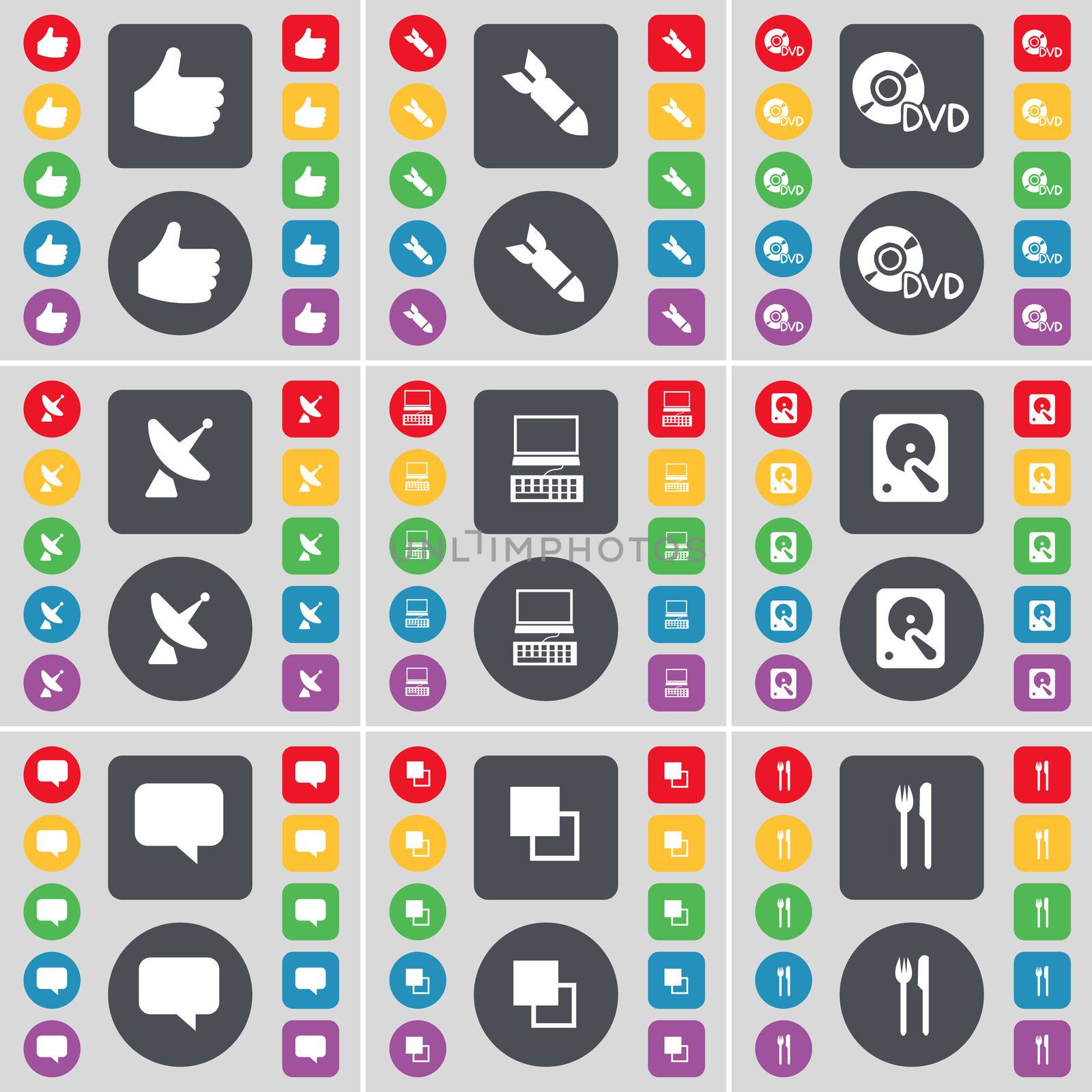 Hand, Rocket, DVD, Satellite dish, Laptop, Hard drive, Chat bubble, Copy, Fork and knife icon symbol. A large set of flat, colored buttons for your design. illustration