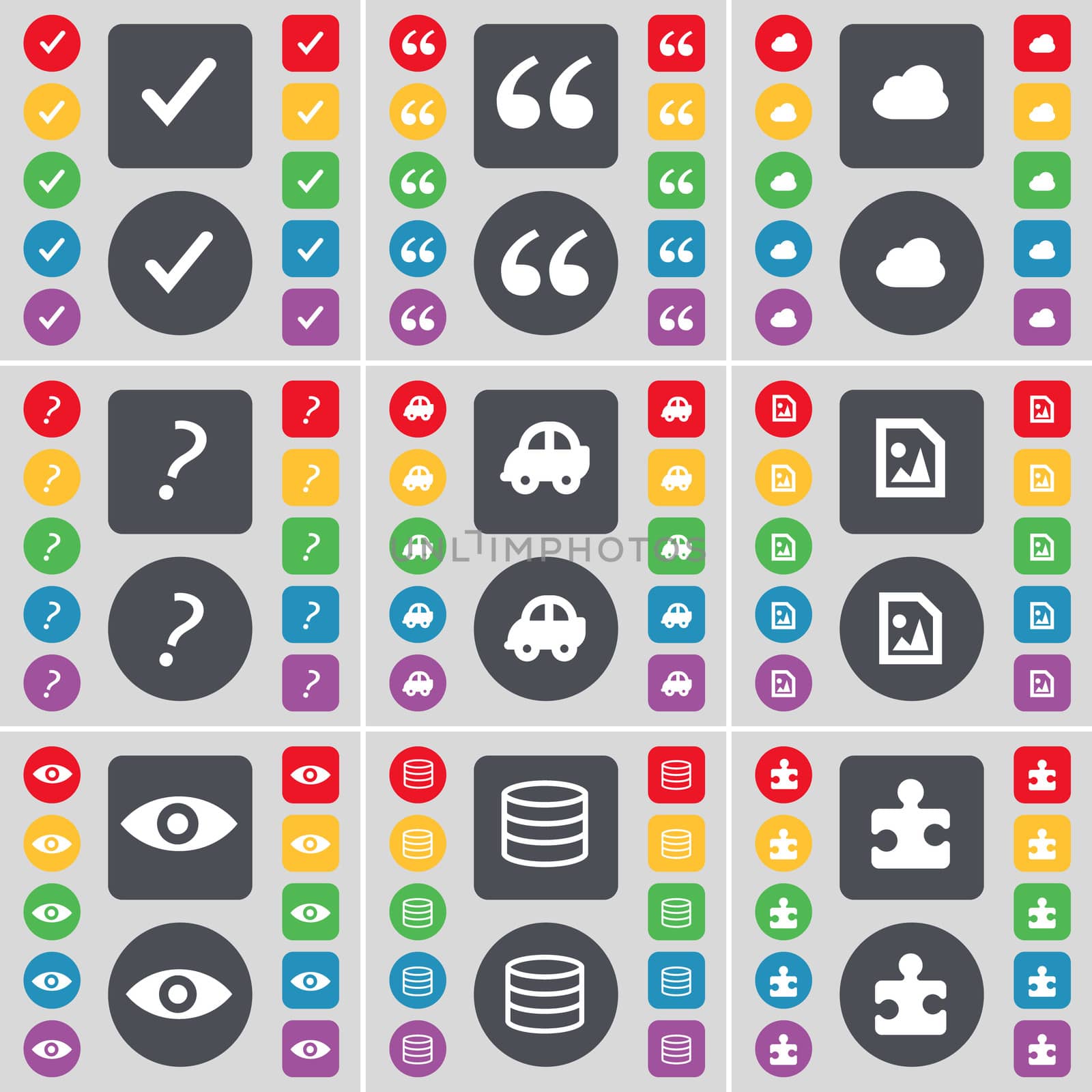 Tick, Quotation mark, Cloud, Question mark, Car, Media file, Vision, Database, Puzzle part icon symbol. A large set of flat, colored buttons for your design. illustration