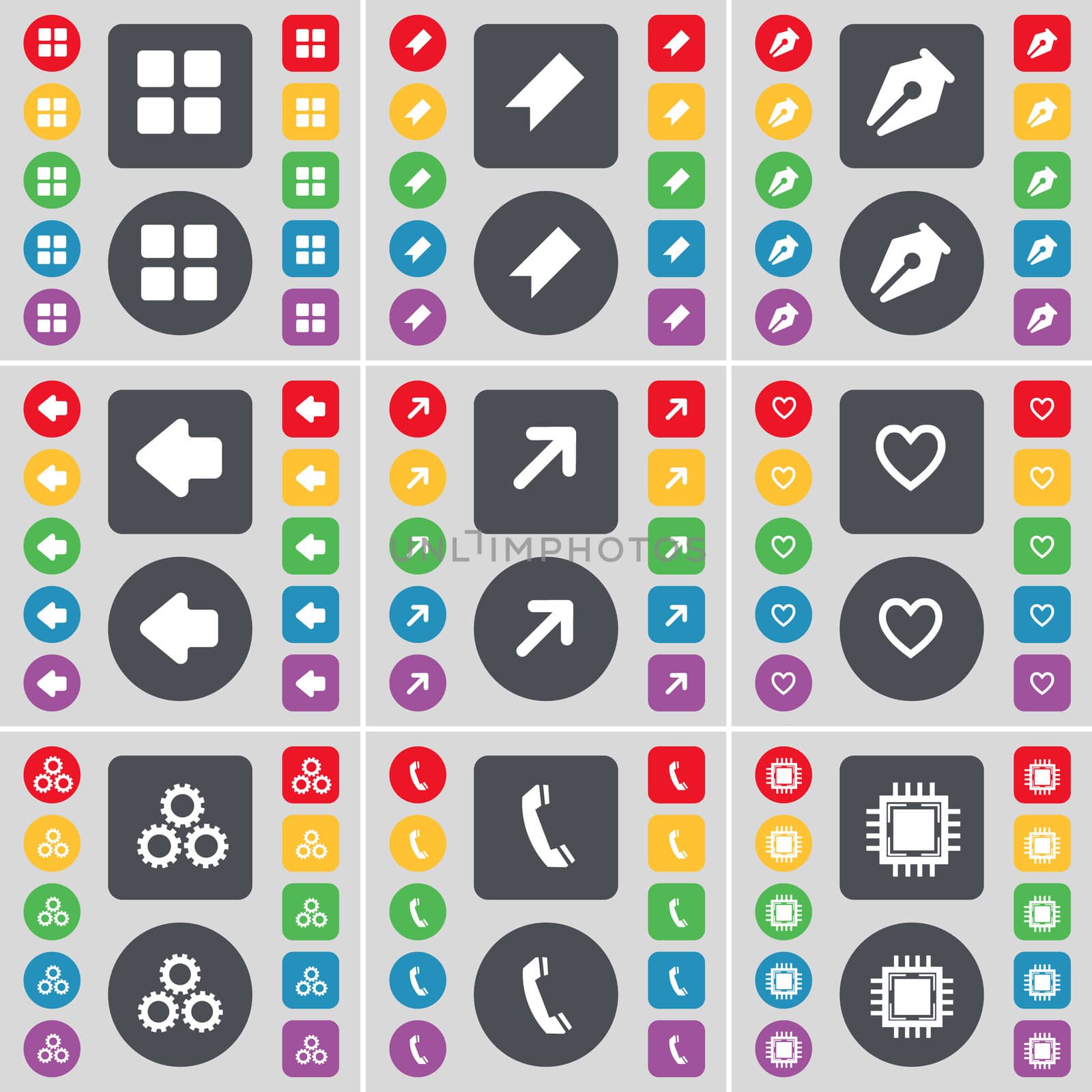Apps, Marker, Ink pen, Arrow left, Full screen, Heart, Gear, Receiver, Processor icon symbol. A large set of flat, colored buttons for your design. illustration