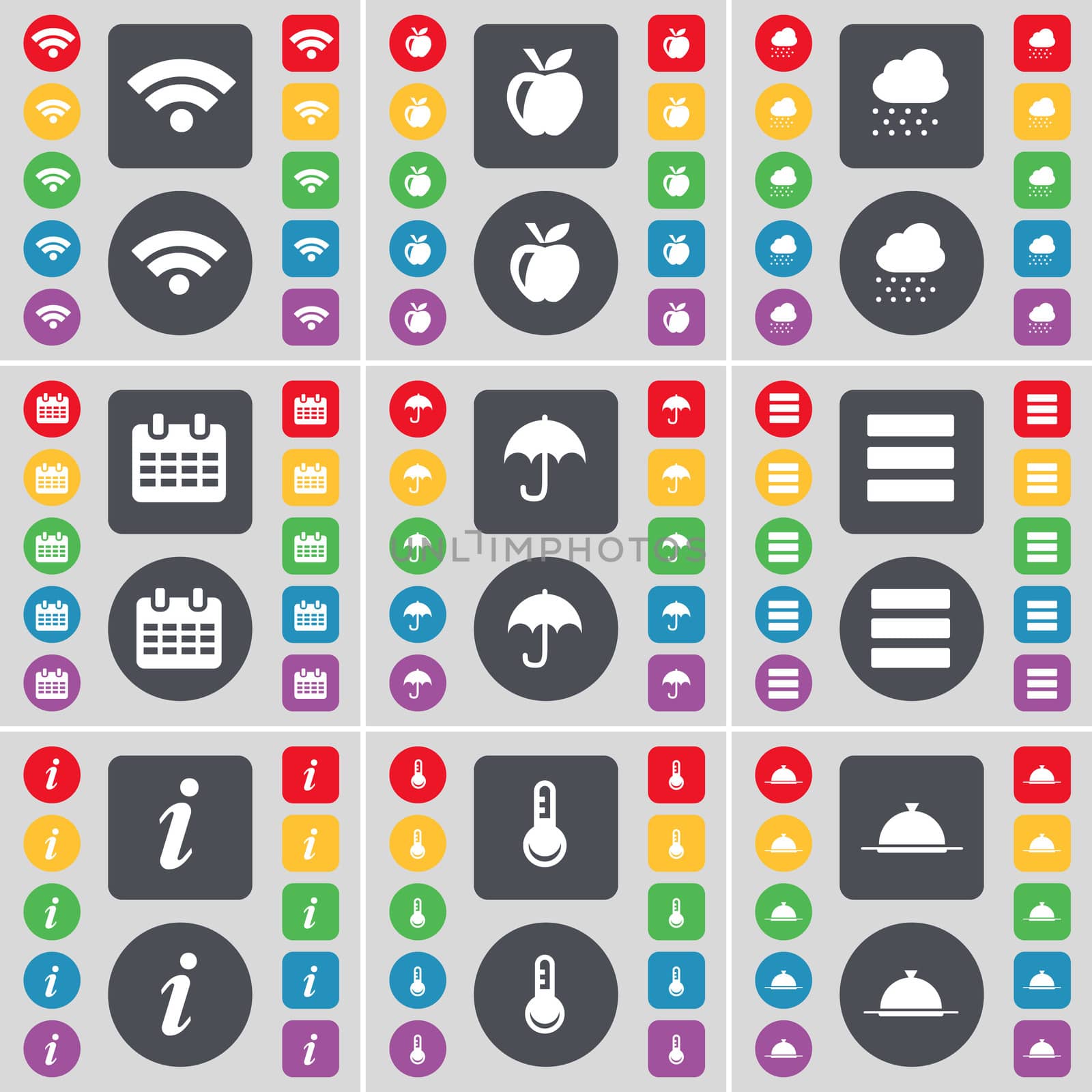 Wi-Fi, Apple, Cloud, Calendar, Umbrella, Apps, Information, Thermometer, Tray icon symbol. A large set of flat, colored buttons for your design.  by serhii_lohvyniuk