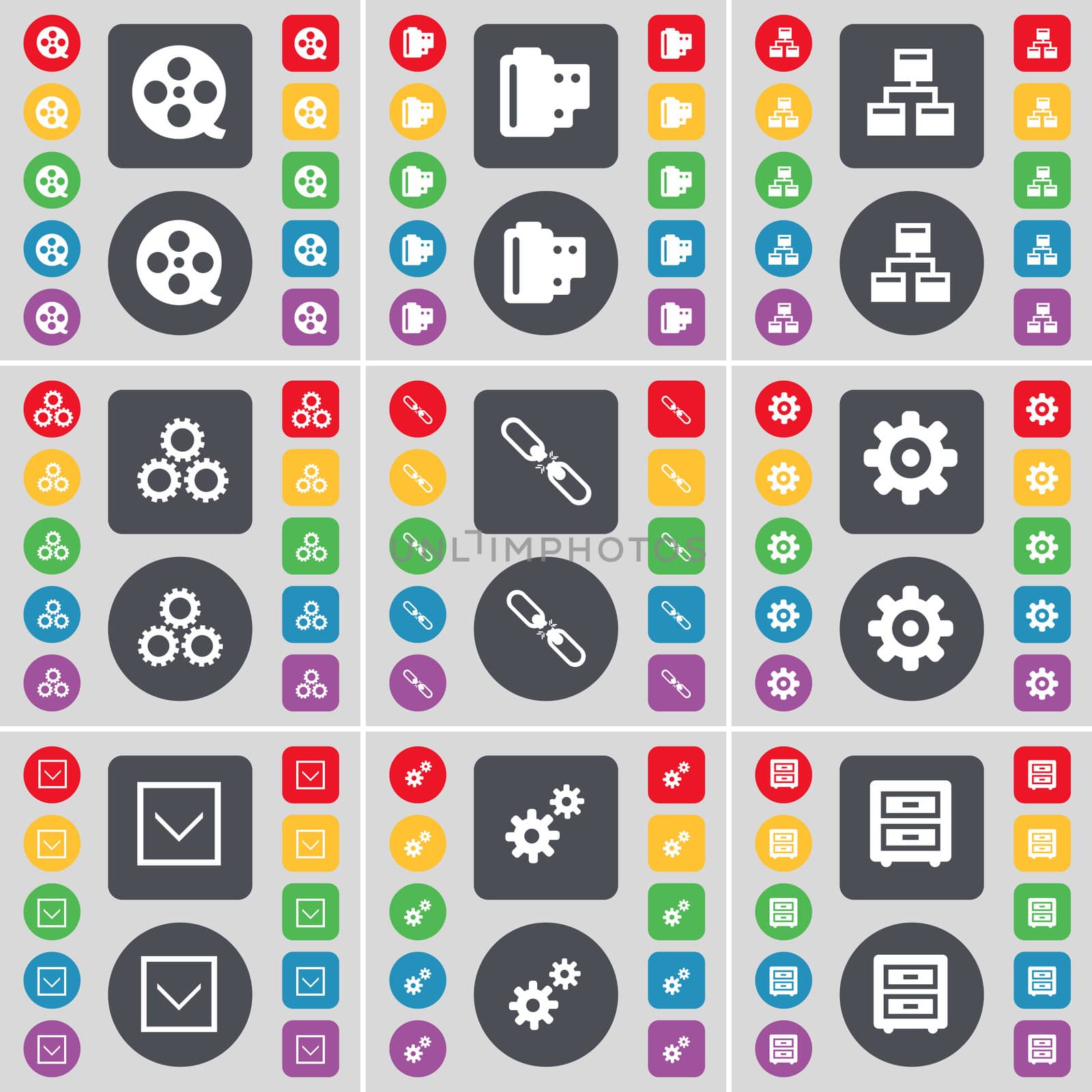 Videotape, Negative films, Network, Gear, Link, Gear, Arrow down, Bed-table icon symbol. A large set of flat, colored buttons for your design. illustration