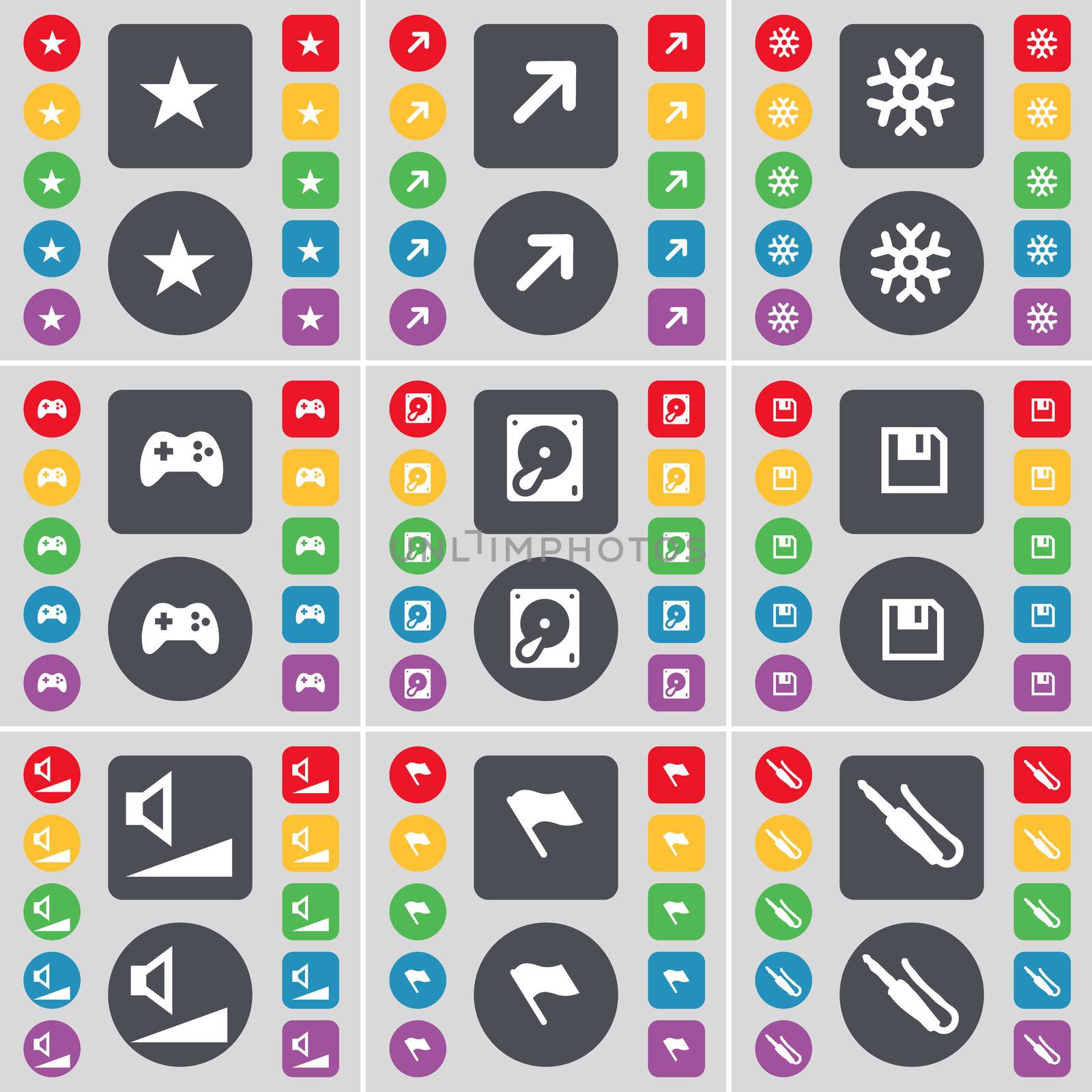 Star, Full screen, Snowflake, Gamepad, Hard drive, Floppy, Volume, Flag, Microphone connector icon symbol. A large set of flat, colored buttons for your design.  by serhii_lohvyniuk