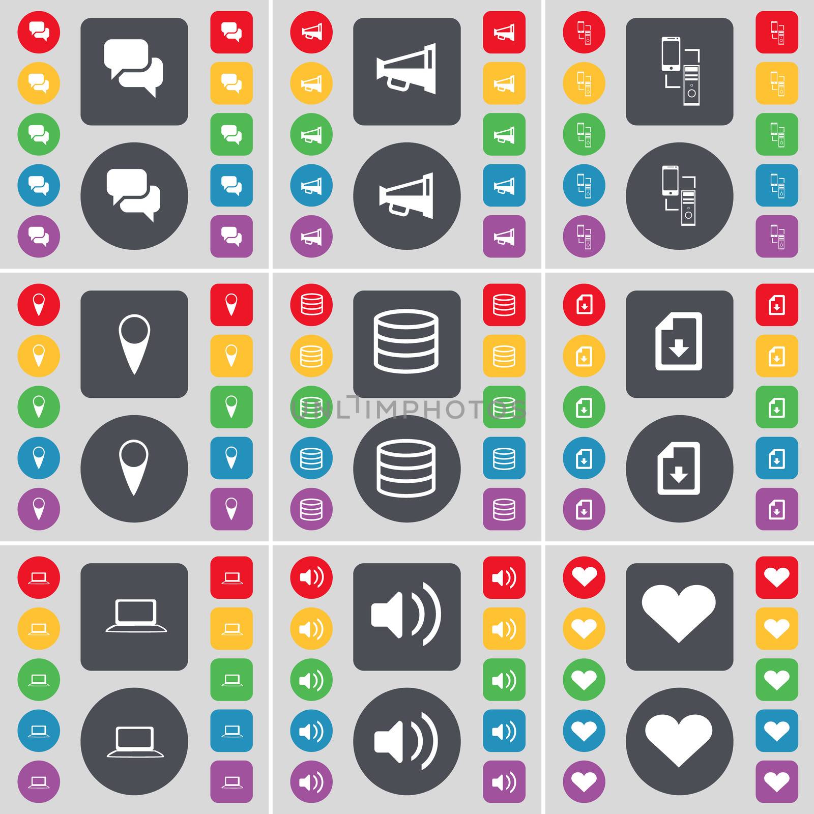 Chat, Megaphone, Connection, Checkpoint, Database, Download file, Laptop, Sound, Heart icon symbol. A large set of flat, colored buttons for your design.  by serhii_lohvyniuk