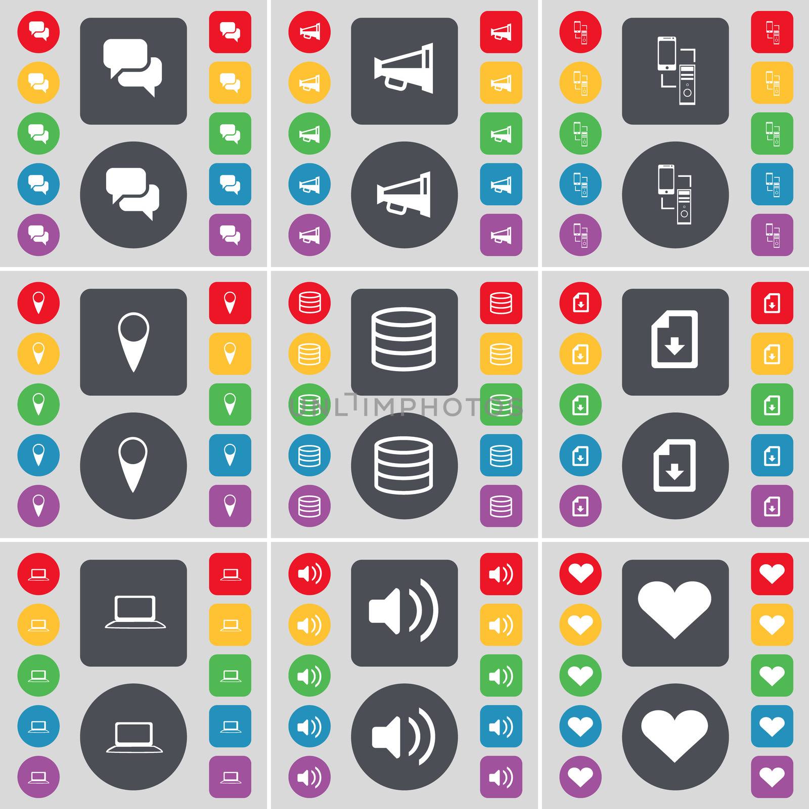 Chat, Megaphone, Connection, Checkpoint, Database, Download file, Laptop, Sound, Heart icon symbol. A large set of flat, colored buttons for your design. illustration