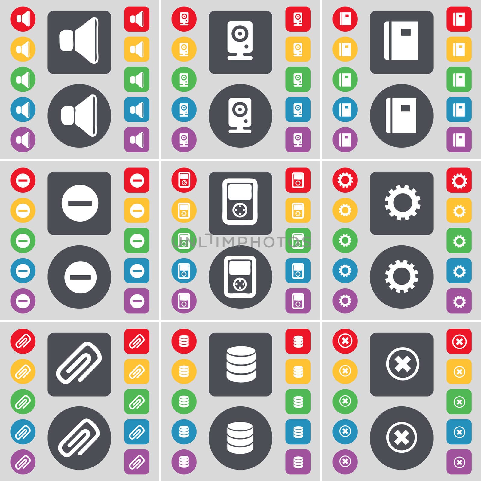 Sound, Speaker, Notebook, Minus, Player, Gear, Clip, Database, Stop icon symbol. A large set of flat, colored buttons for your design.  by serhii_lohvyniuk