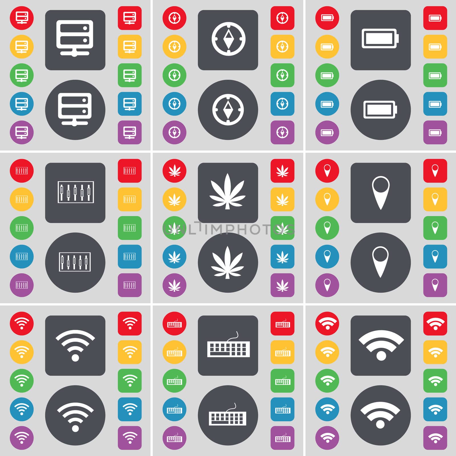 Server, Compass, Battery, Equalizer, Marijuana, Checkpoint, Wi-Fi, Keyboard icon symbol. A large set of flat, colored buttons for your design.  by serhii_lohvyniuk