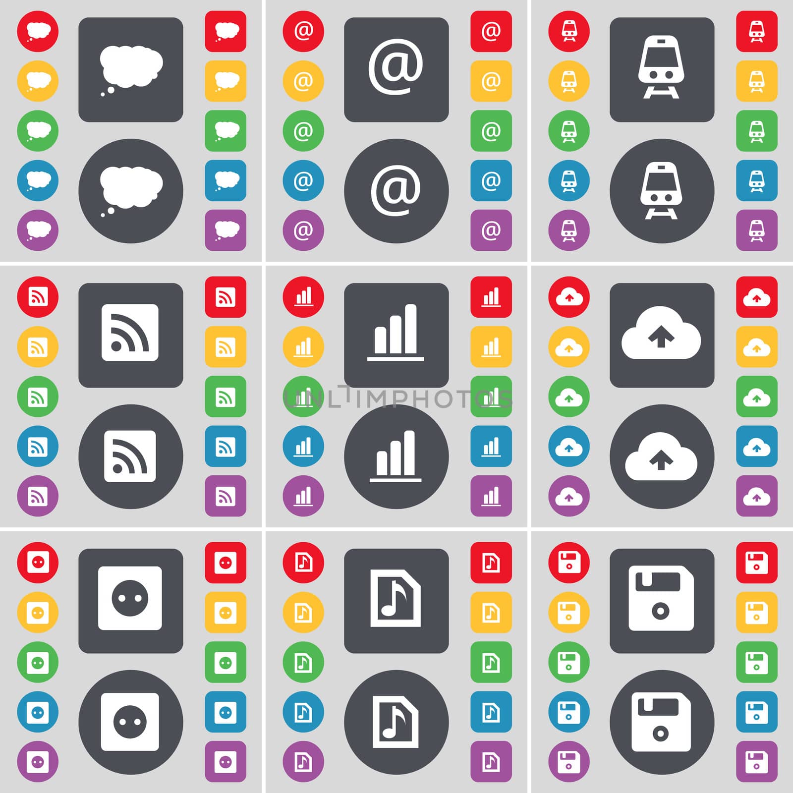 Chat cloud, Mail, Train, RSS, Diagram, Cloud, Socket, Music file, Floppy icon symbol. A large set of flat, colored buttons for your design. illustration