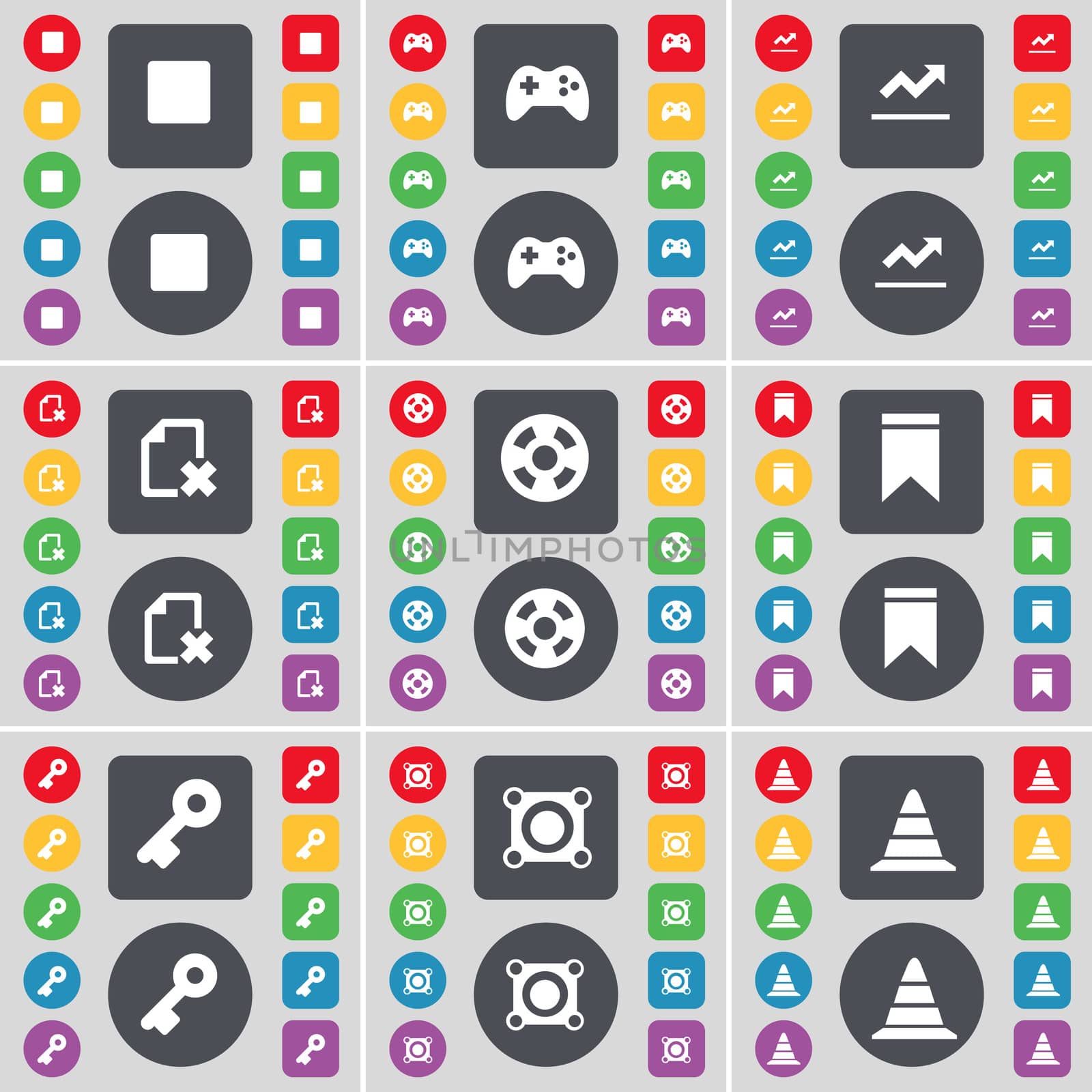 Media stop, Gamepad, Graph, File, Videotape, Marker, Key, Speaker, Cone icon symbol. A large set of flat, colored buttons for your design. illustration