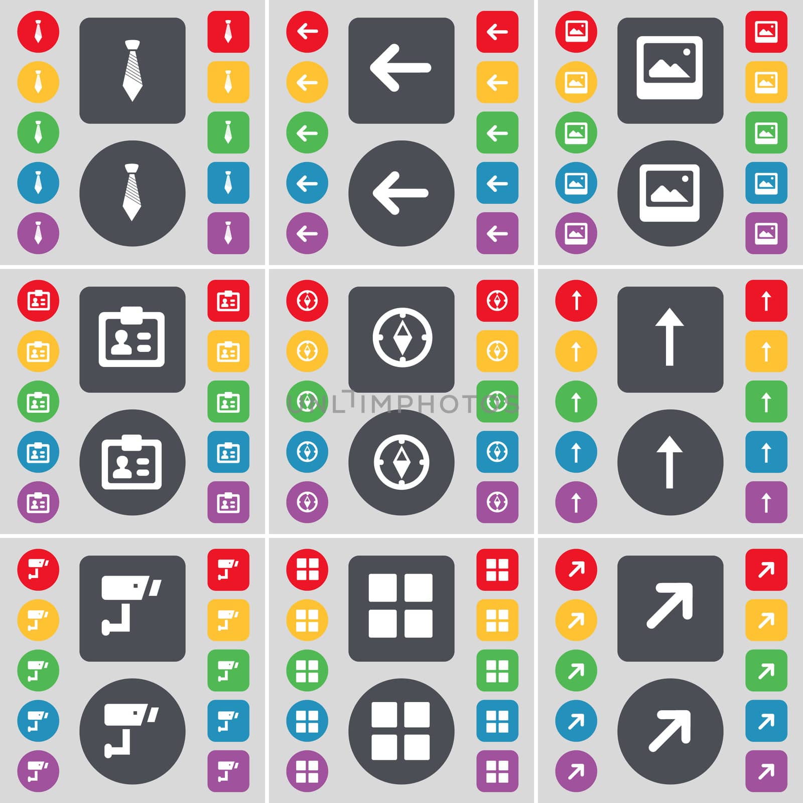 Tie, Arrow left, Window, Contact, Compass, Arrow up, CCTV, Apps, Full screen icon symbol. A large set of flat, colored buttons for your design.  by serhii_lohvyniuk