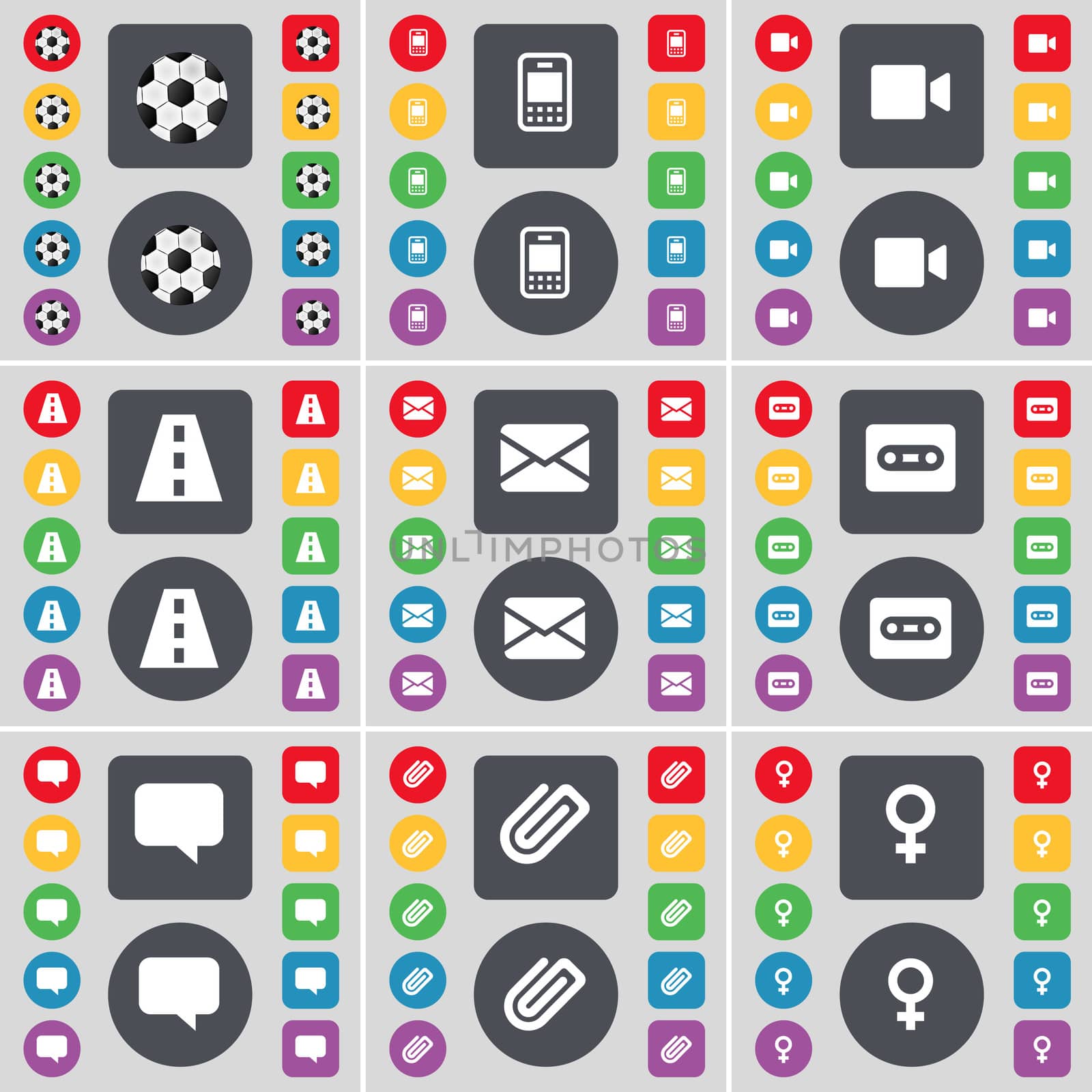 Ball, Mobile phone, Video camera, Road, Message, Cassette, Chat bubble, Clip, Venus symbol icon symbol. A large set of flat, colored buttons for your design. illustration
