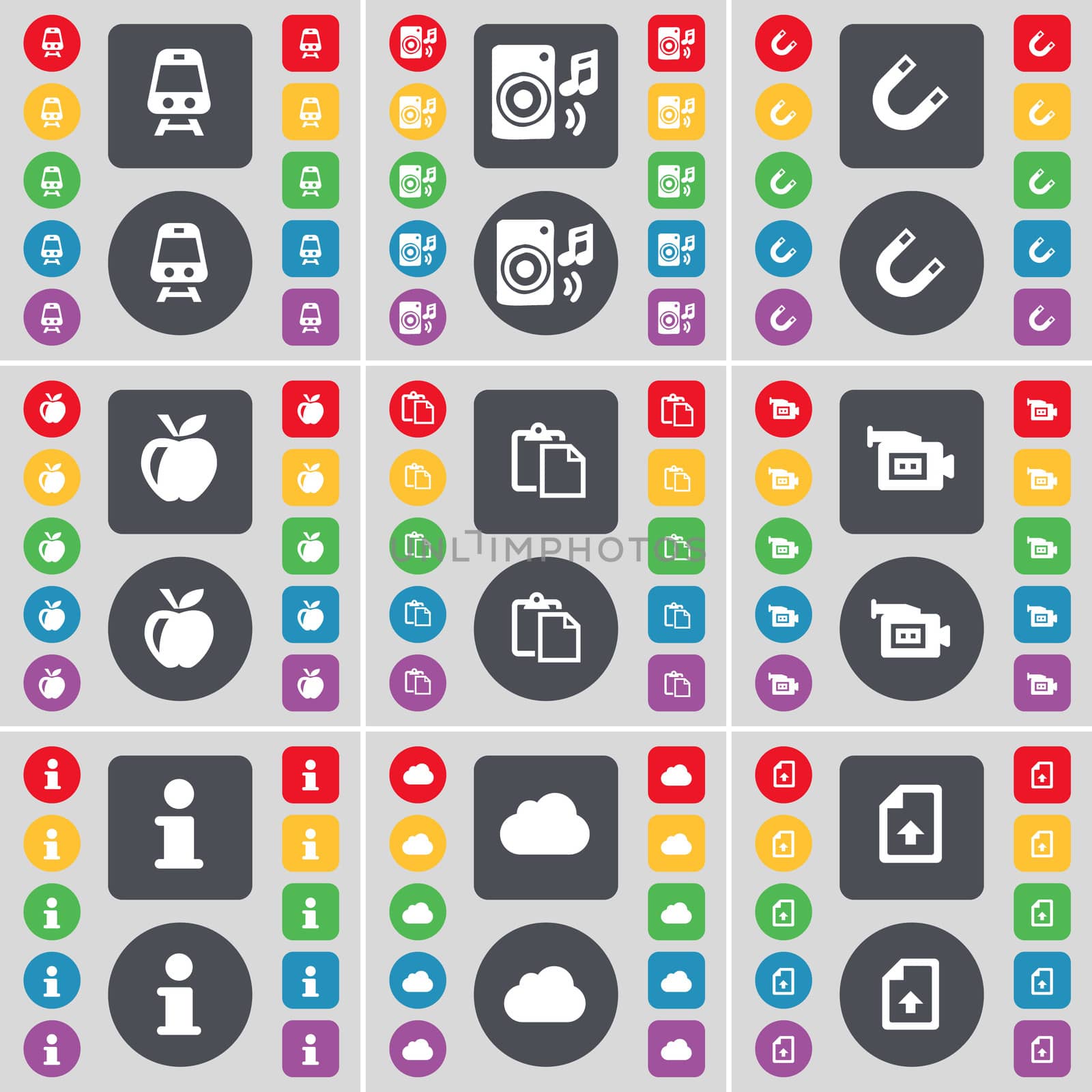 Train, Speaker, Magnet, Apple, Survey, Film camera, Information, Cloud, Upload file icon symbol. A large set of flat, colored buttons for your design.  by serhii_lohvyniuk