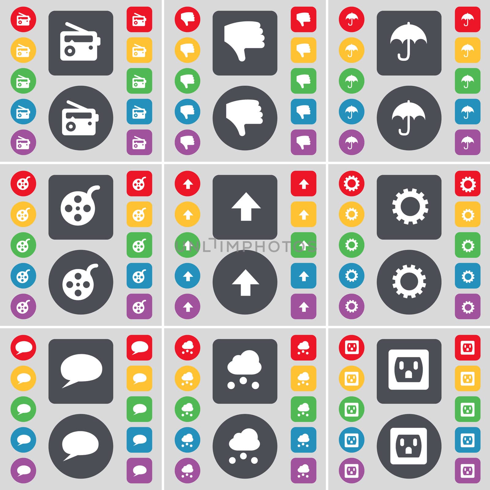 Radio, Dislike, Umbrella, Videotape, Arrow up, Gear, Chat bubble, Cloud, Socket icon symbol. A large set of flat, colored buttons for your design. illustration