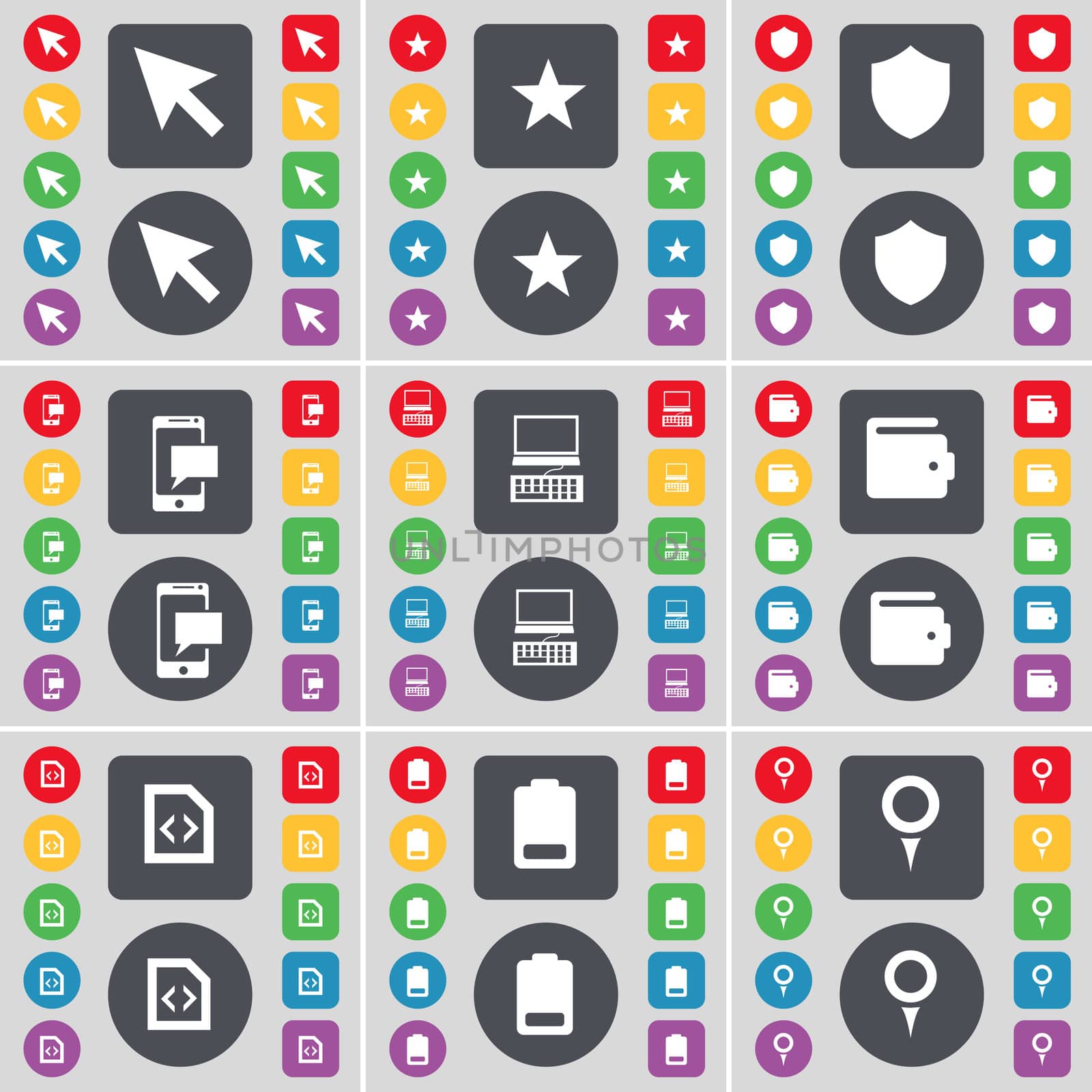 Cursor, Star, Badge, SMS, Laptop, Wallet, File, Battery, Checkpoint icon symbol. A large set of flat, colored buttons for your design. illustration