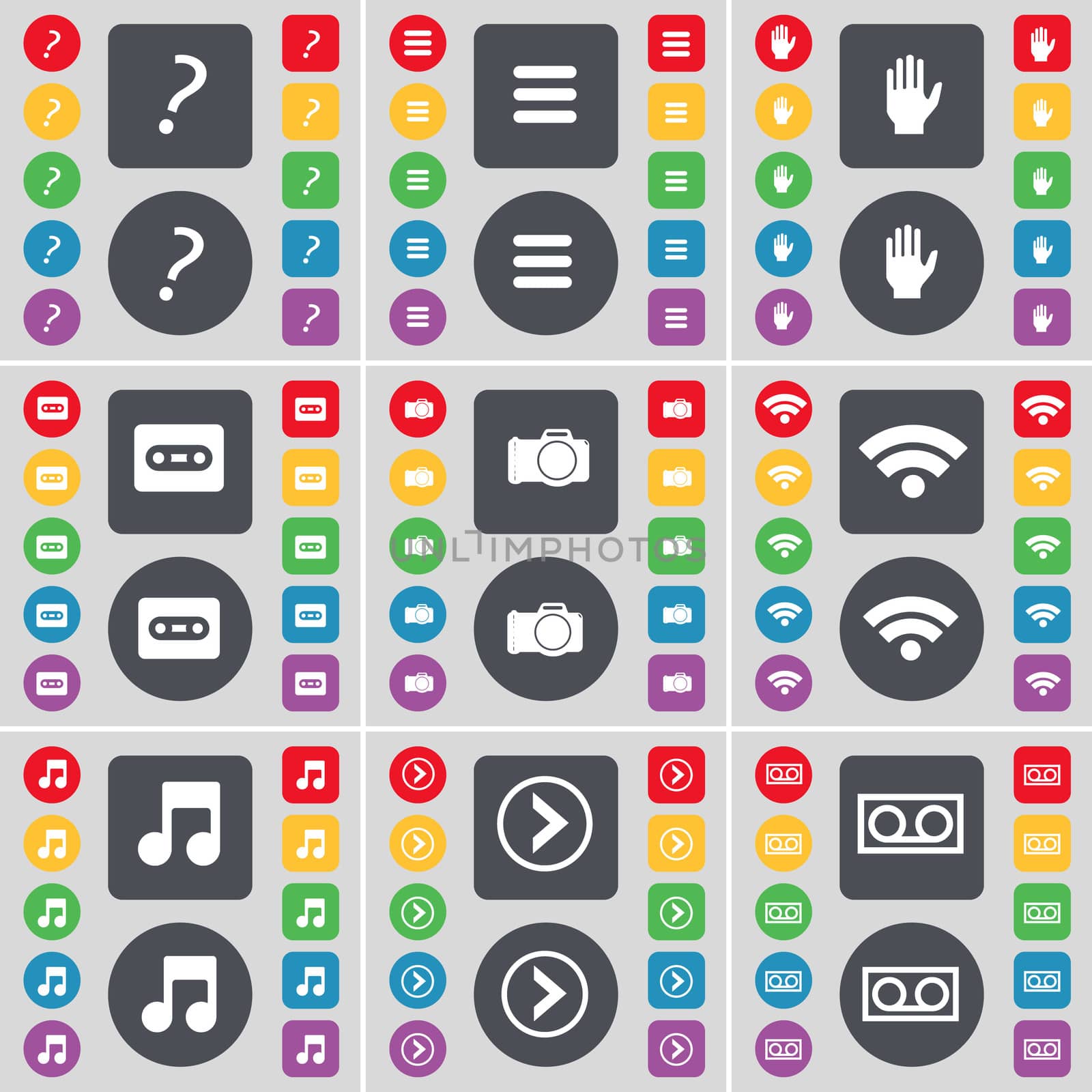 Quotation mark, Apps, Hand, Cassette, Wi-Fi, Note, Arrow right, Cassette icon symbol. A large set of flat, colored buttons for your design. illustration