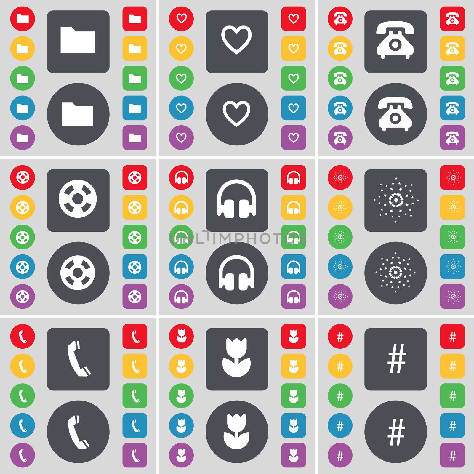 Folder, Heart, Retro phone, Videotape, Headphones, Star, Receiver, Flower, Hashtag icon symbol. A large set of flat, colored buttons for your design.  by serhii_lohvyniuk