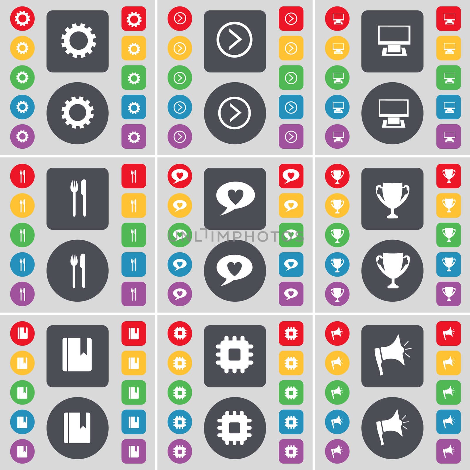Gear, Arrow right, Monitor, Fork and knife, Chat bubble, Cup, Dictionary, Processor, Megaphone icon symbol. A large set of flat, colored buttons for your design.  by serhii_lohvyniuk