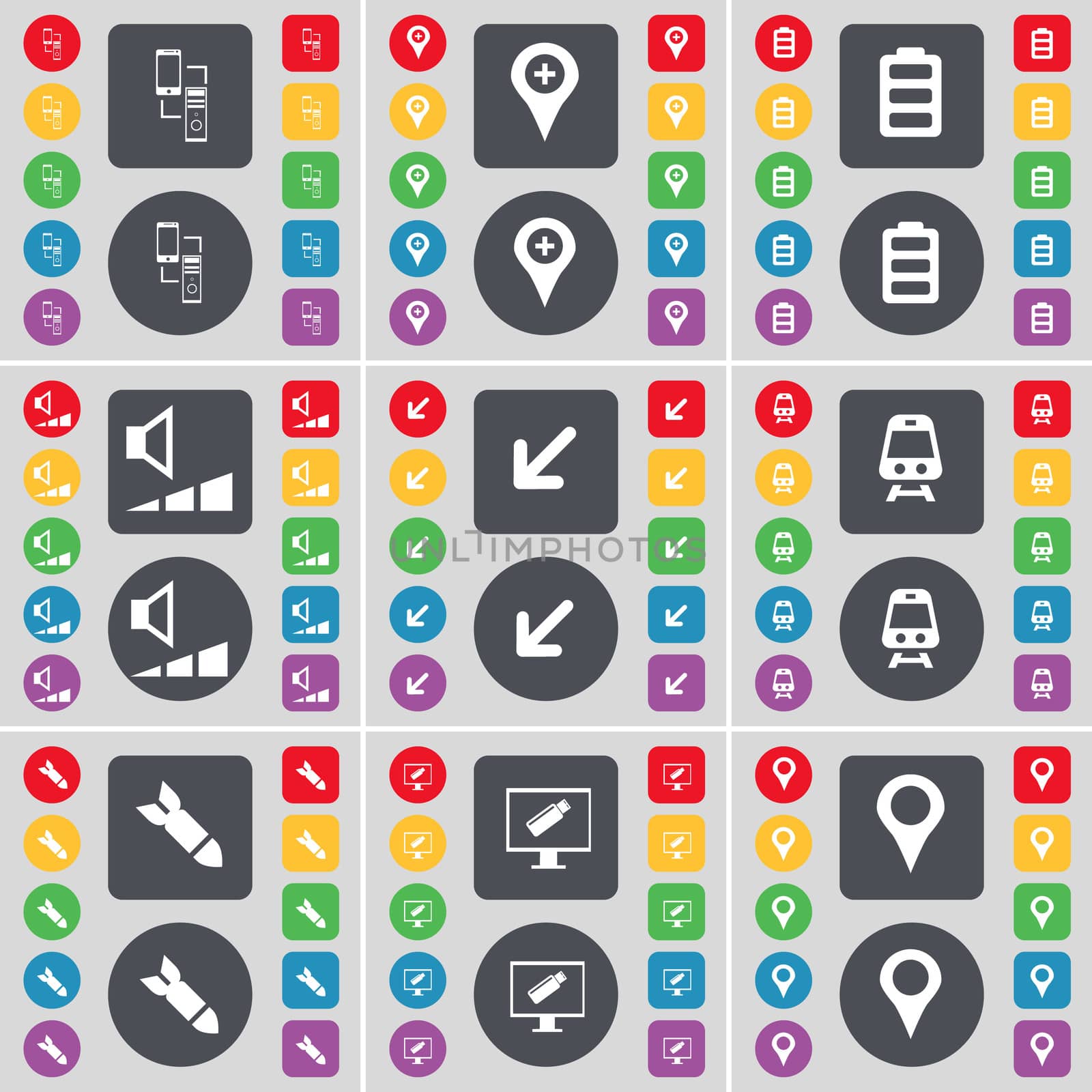 Connection, Checkpoint, Battery, Volume, Deploying screen, Train, Rocket, Monitor, Checkpoint icon symbol. A large set of flat, colored buttons for your design.  by serhii_lohvyniuk