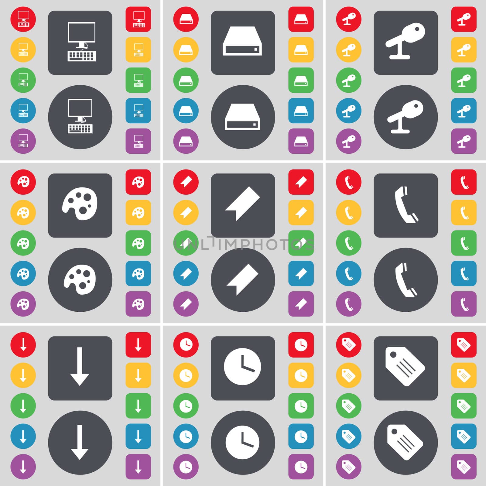PC, Hard drive, Microphone, Palette, Marker, Receiver, Arrow down, Clock, Tag icon symbol. A large set of flat, colored buttons for your design. illustration