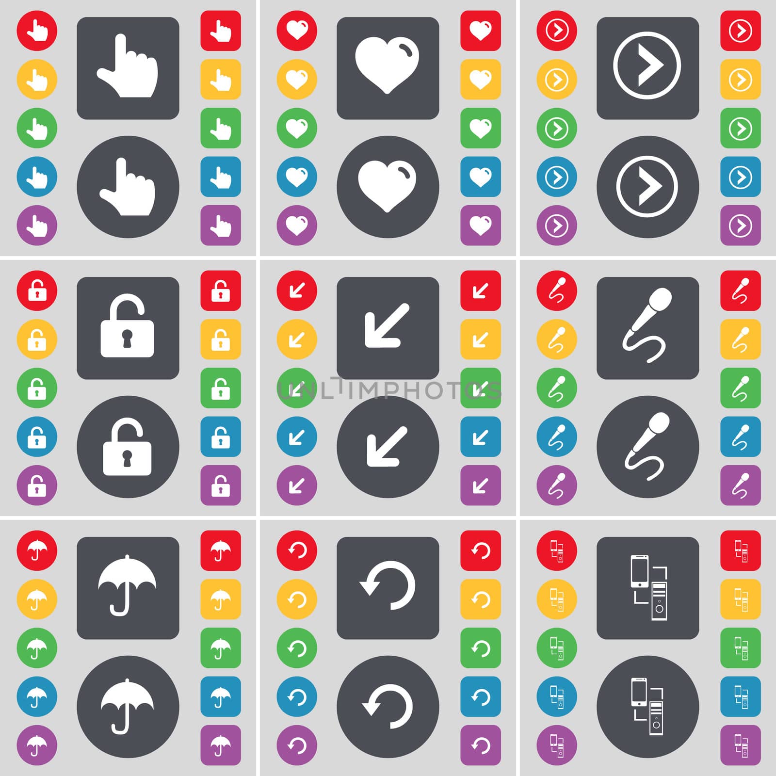 Hand, Heart, Arrow right, Lock, Deploying screen, Microphone, Umbrella, Reload, Connection icon symbol. A large set of flat, colored buttons for your design. illustration