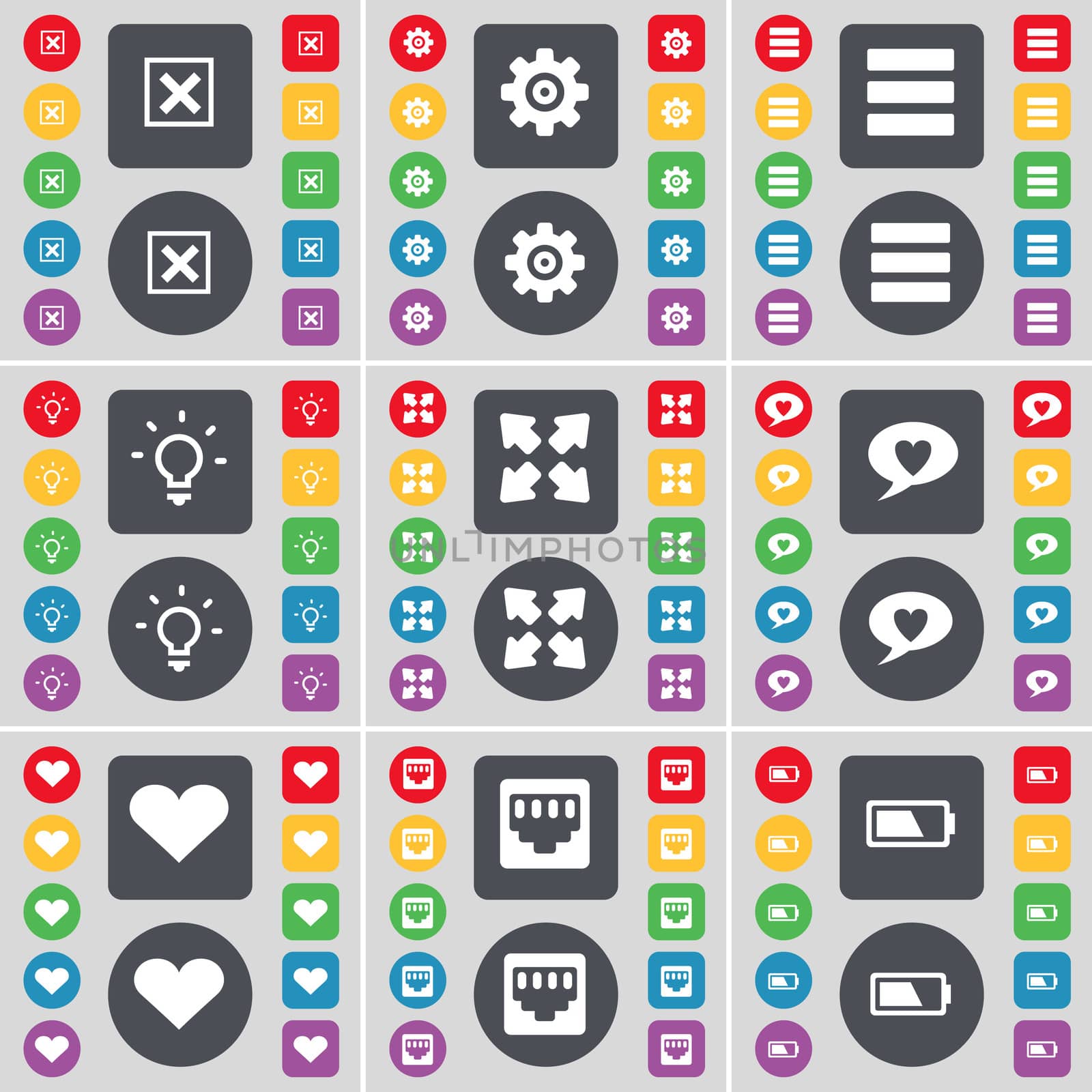 Stop, Gear, Apps, Light bulb, Full screen, Chat bubble, Heart, LAN socket, Battery icon symbol. A large set of flat, colored buttons for your design.  by serhii_lohvyniuk