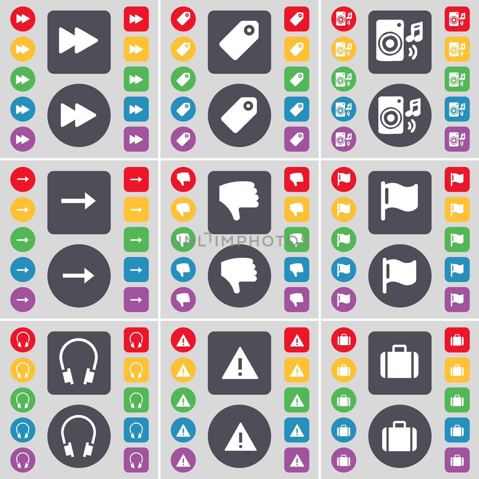 Rewind, Tag, Speaker, Arrow right, Dislike, Flag, Headphones, Warning, Suitcase icon symbol. A large set of flat, colored buttons for your design. illustration