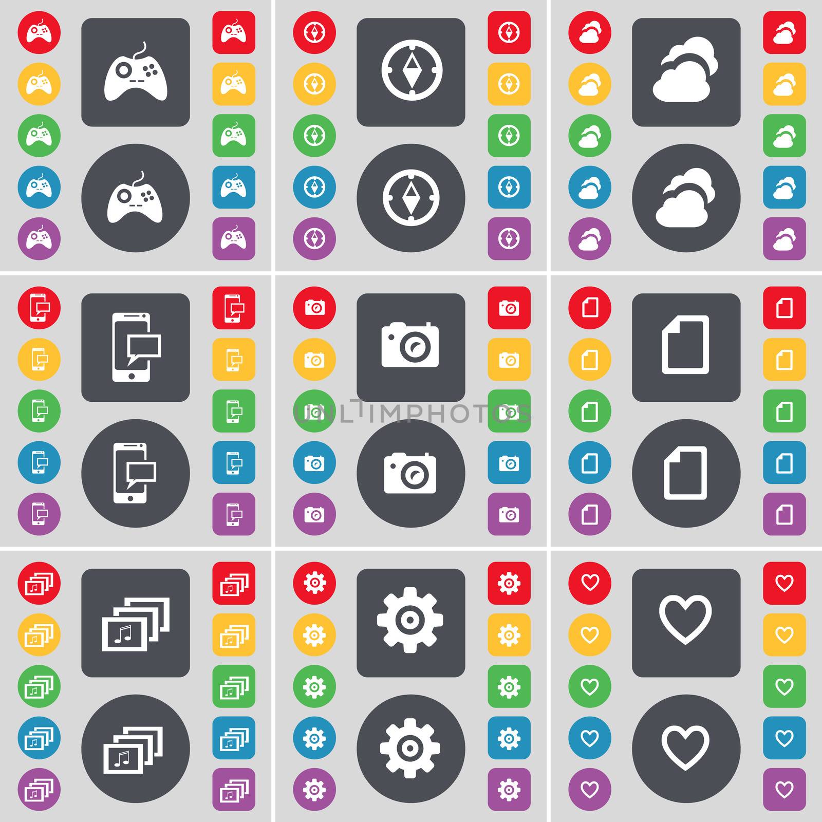 Gamepad, Compass, Cloud, SMS, Camera, File, Gallery, Gear, Heart icon symbol. A large set of flat, colored buttons for your design. illustration