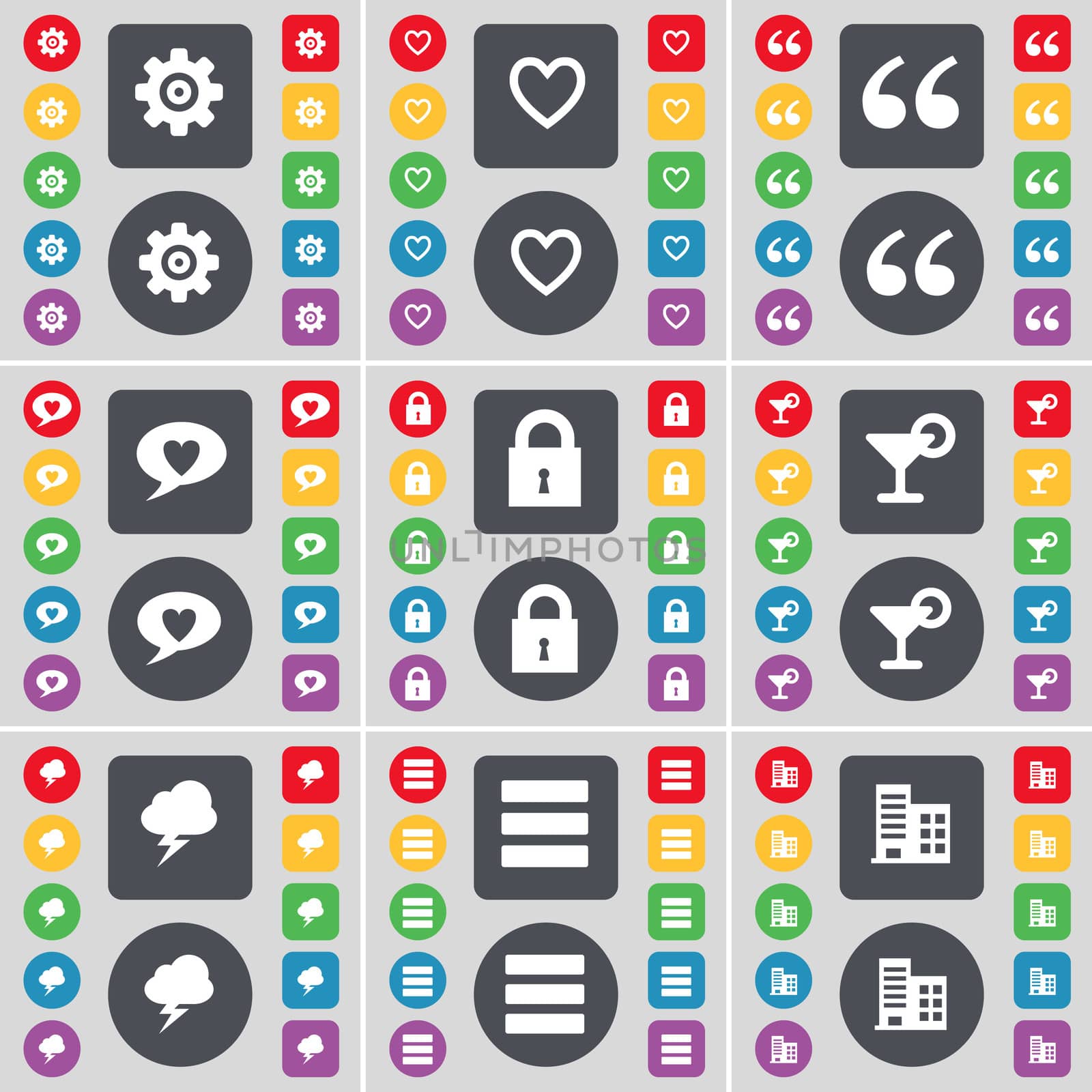 Gear, Heart, Quotation mark, Chat bubble, Lock, Cocktail, Lightning, Apps, Building icon symbol. A large set of flat, colored buttons for your design. illustration