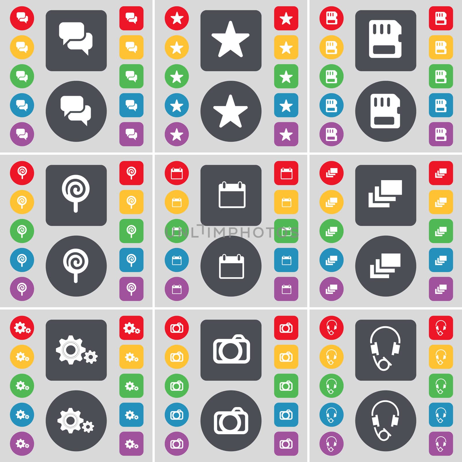 Chat, Star, SIM card, Lollipop, Calendar, Gallery, Gear, Camera, Headphones icon symbol. A large set of flat, colored buttons for your design. illustration