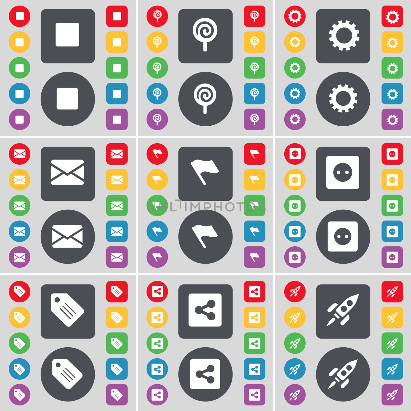 Media stop, Lollipop, Gear, Message, Flag, Socket, Tag, Share, Rocket icon symbol. A large set of flat, colored buttons for your design. illustration