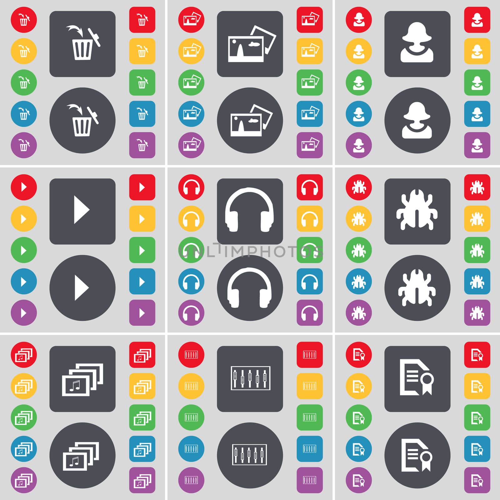 Trash can, Picture, Avatar, Media play, Headphones, Bug, Gallery, Equalizer, Text file icon symbol. A large set of flat, colored buttons for your design.  by serhii_lohvyniuk