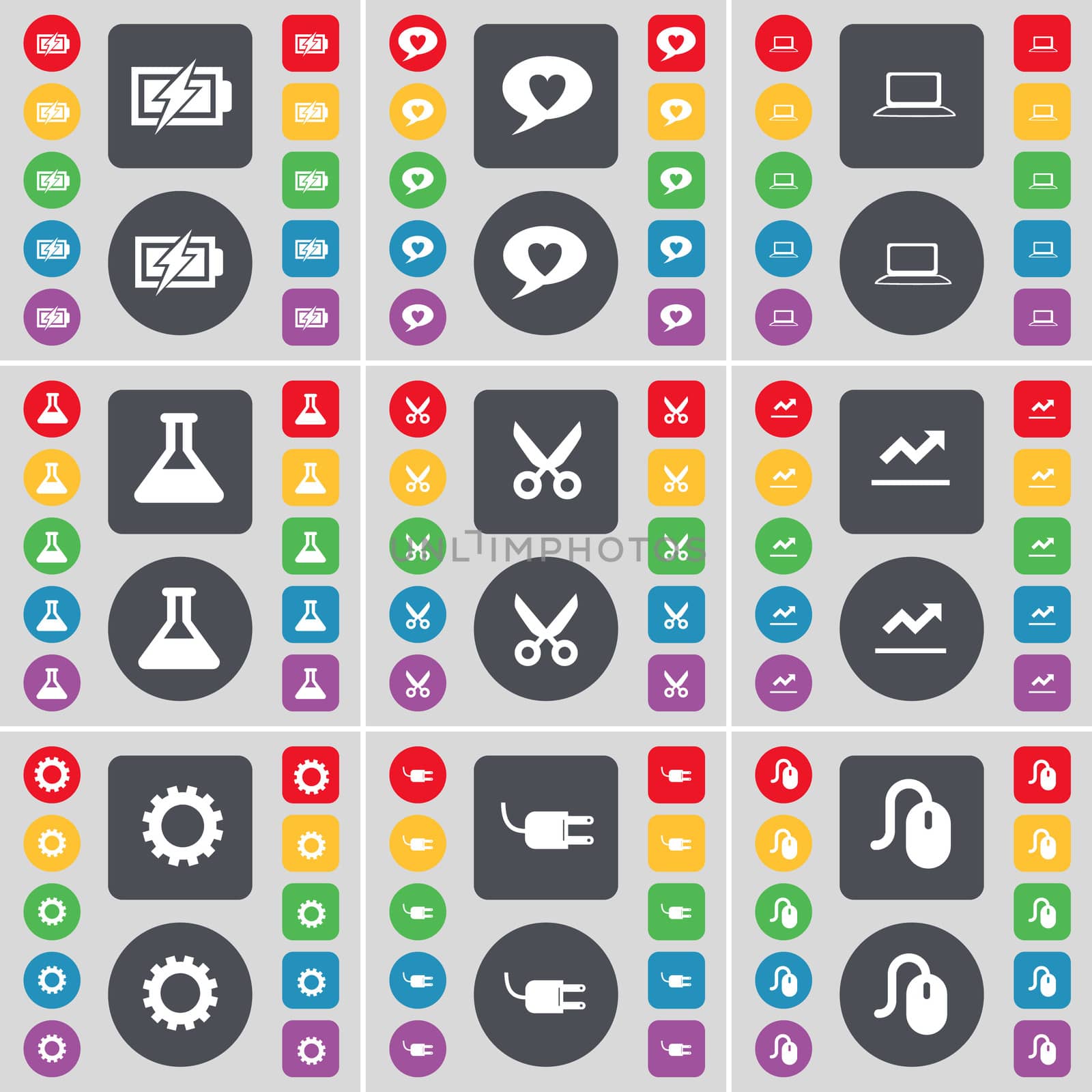 Charging, Chat bubble, Laptop, Flask, Silhouette, Graph, Gear, Socket, Mouse icon symbol. A large set of flat, colored buttons for your design. illustration