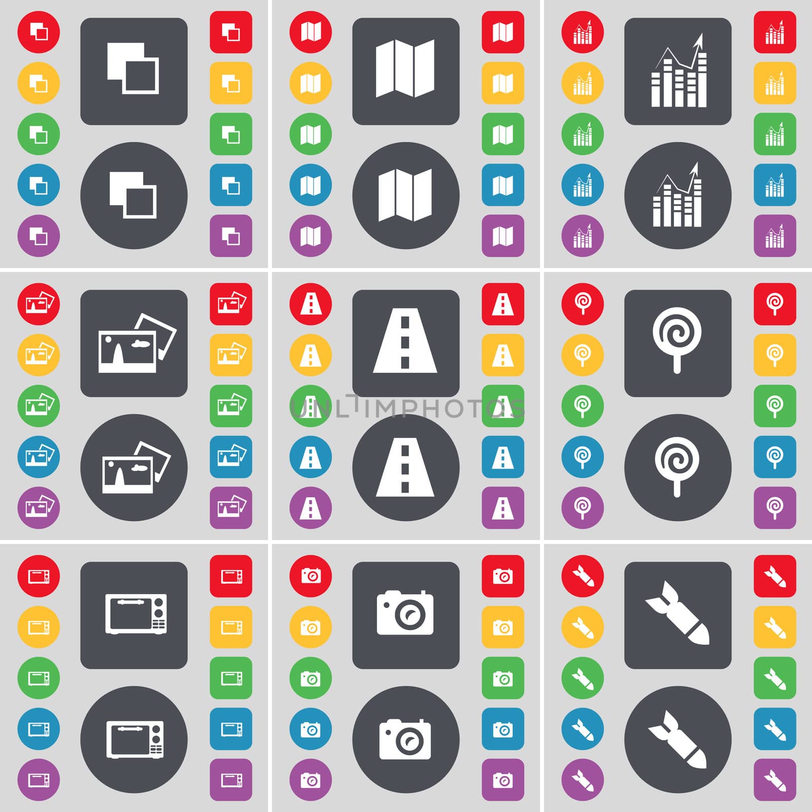 Copy, Map, Graph, Picture, Road, Lollipop, Microwave, Camera, Rocket icon symbol. A large set of flat, colored buttons for your design. illustration