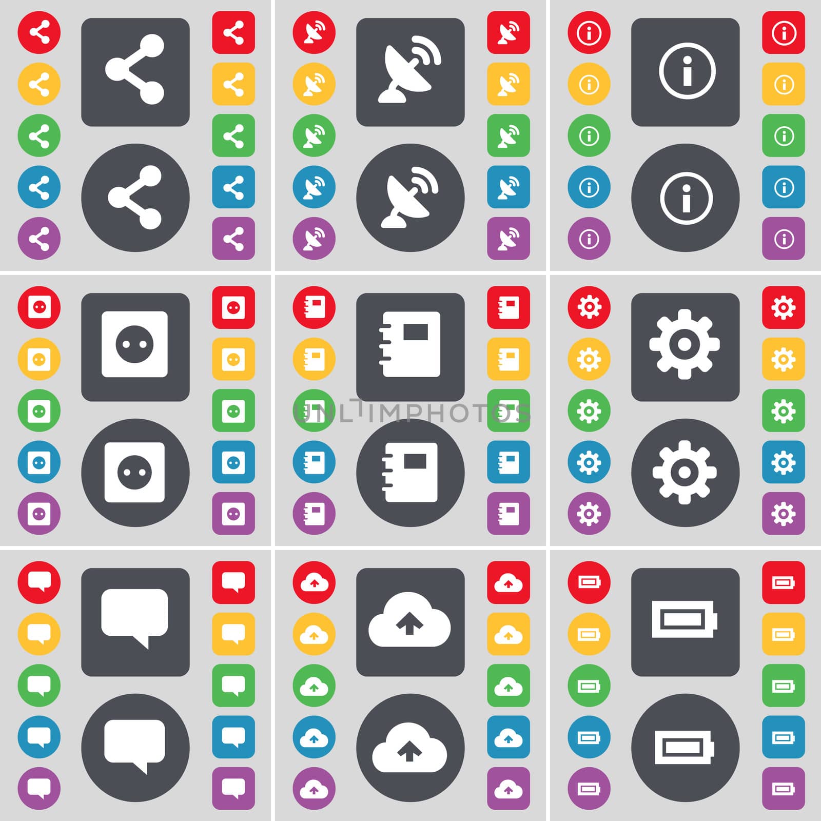 Share, Satellite dish, Information, Socket, Notebook, Gear, Chat, Cloud, Battery icon symbol. A large set of flat, colored buttons for your design. illustration