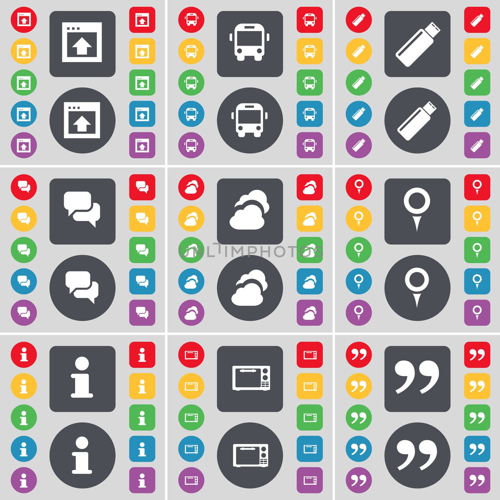 Window, Bus, USB, Chat, Cloud, Checkpoint, Information, Microwave, Quotation mark icon symbol. A large set of flat, colored buttons for your design.  by serhii_lohvyniuk