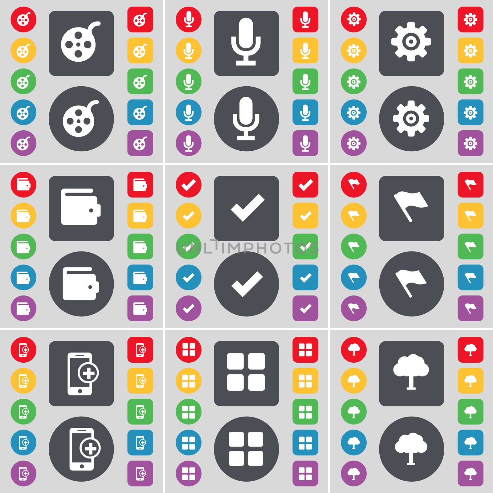 Window, Microphone, Gear, Wallet, Tick, Flag, Smartphone, Apps, Tree icon symbol. A large set of flat, colored buttons for your design. illustration