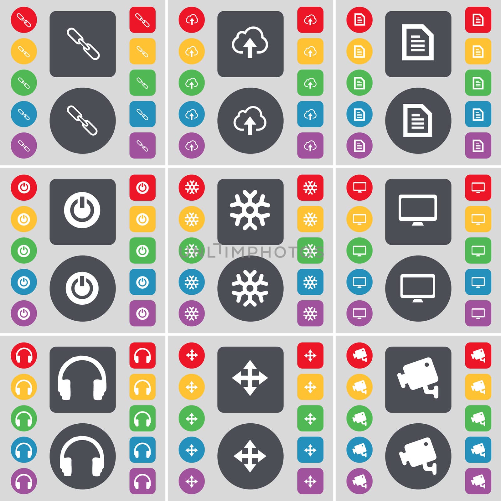 Link, Cloud, Text file, Power, Snowflake, Monitor, Headphones, Moving, CCTV icon symbol. A large set of flat, colored buttons for your design. illustration